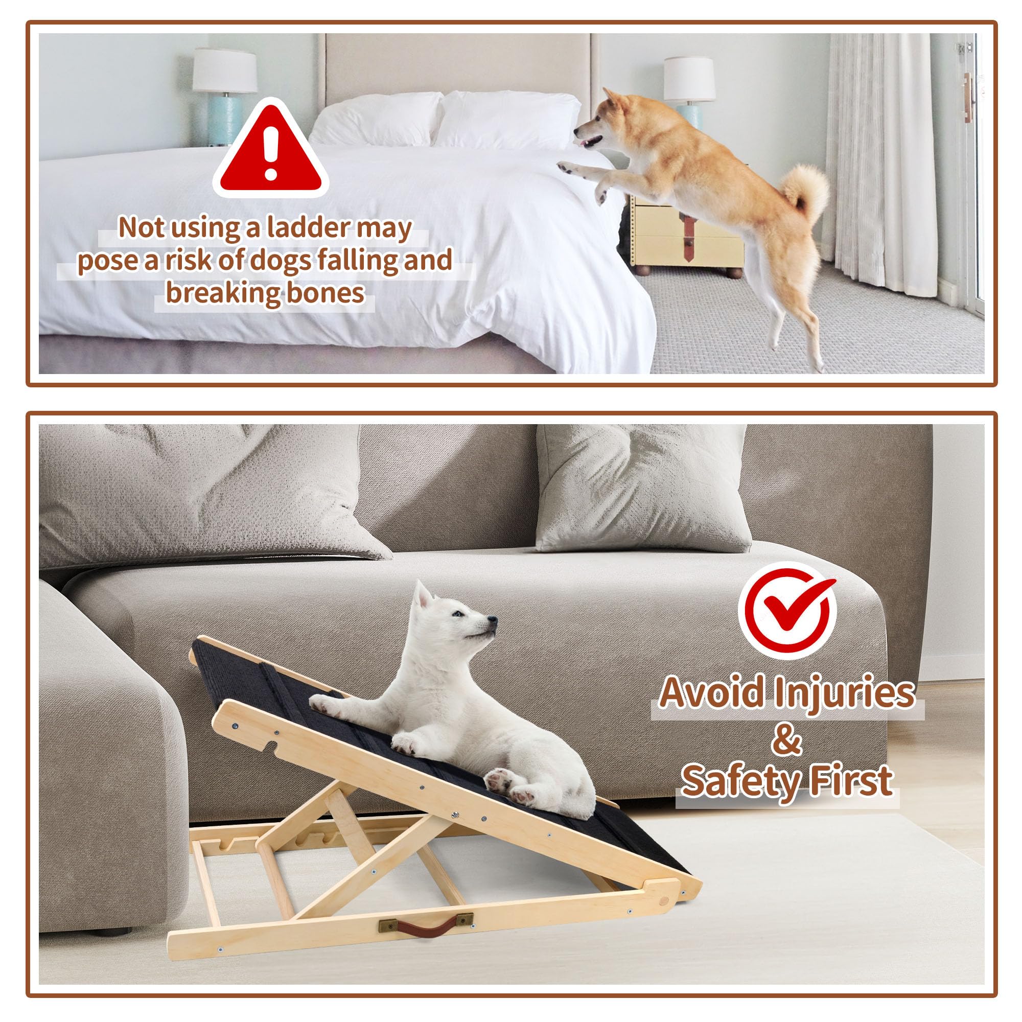 Adjustable Wooden Dog Stairs & Pet Ramp - 5 Height Settings (10” to 24”), Supports Up to 250LBS, Non-Slip Collapsible Design with High Traction - Perfect for Beds, Couches, Sofas & Cars - Indoor/Outdoor Use for Small & Large Dogs