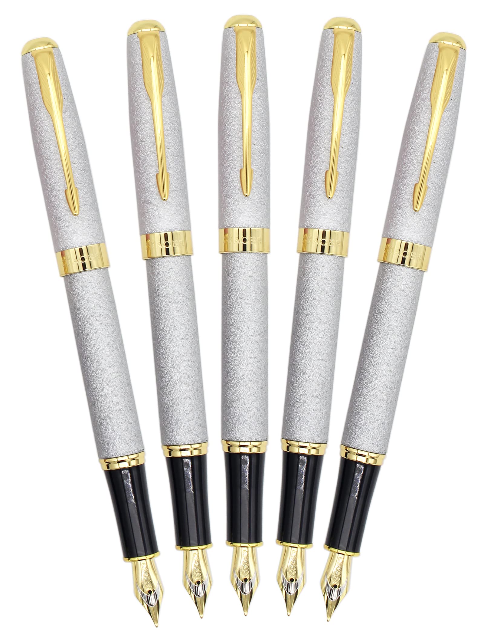 Gullor 5-Piece Classic Metal Fountain Pen Set with Gold Trim - B388 Silver Fountain Pens with Converters - Perfect for Writing, Calligraphy, Office Use & Luxury Gifts