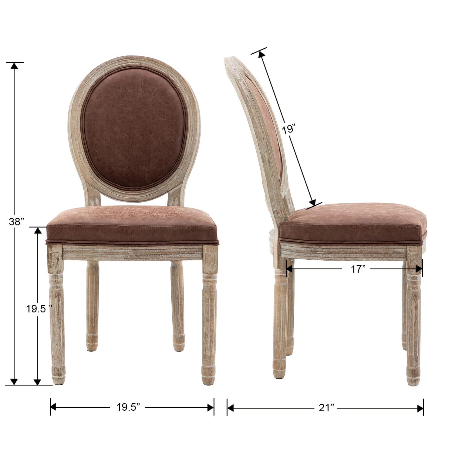 Farmhouse Style Leather Dining Chairs Set of 4 - French Country Round Back Bistro Chairs with Wooden Legs for Dining Room, Kitchen, Living Room or Restaurant - Brown Leather Seats for Home Decor & Commercial Use