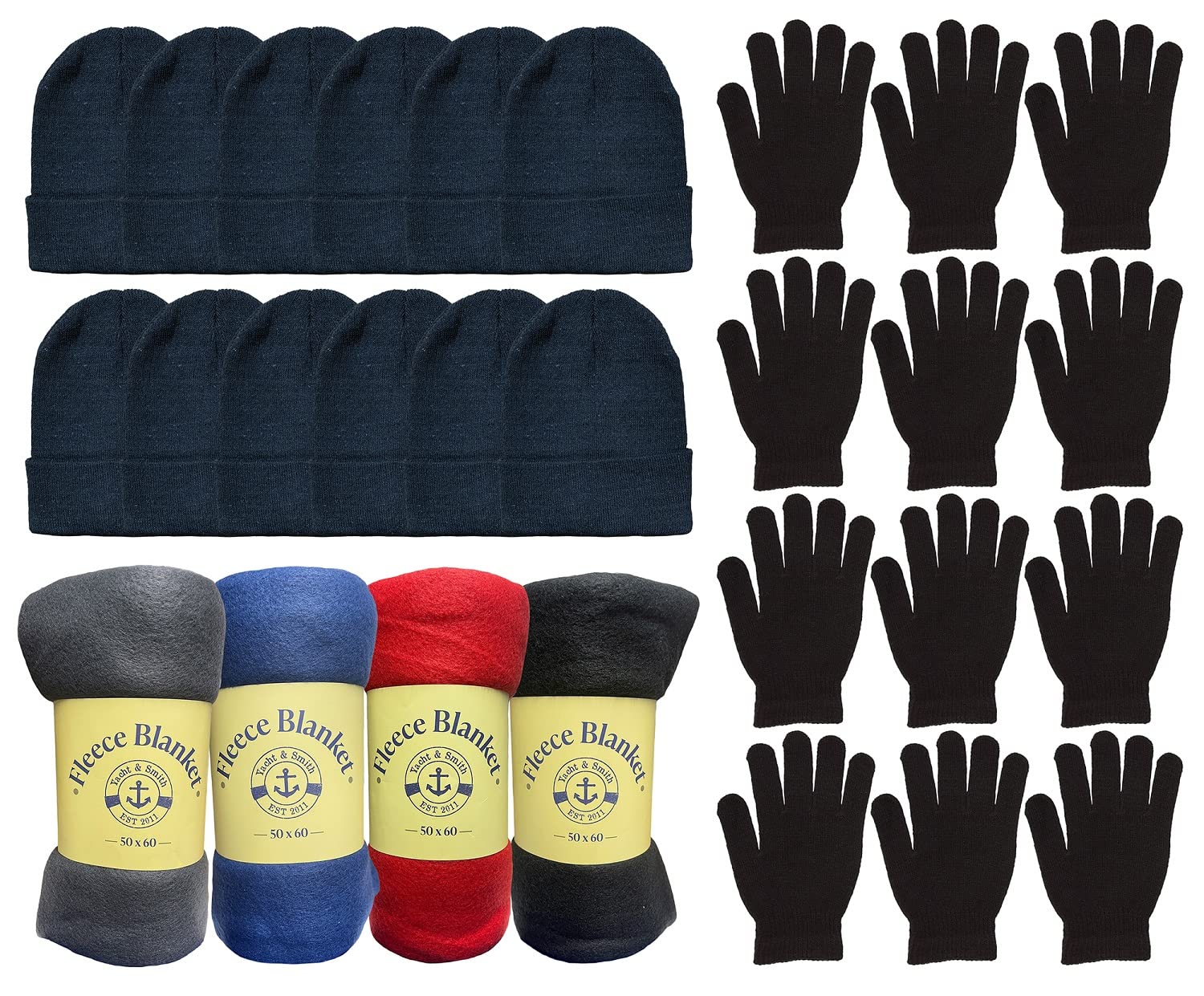Yacht & Smith 36-Piece Winter Kit - Fleece Blankets, Adult Beanies, Warm Gloves for Men & Women - Bulk Wholesale Winter Accessories for Home, Office & Outdoor Activities