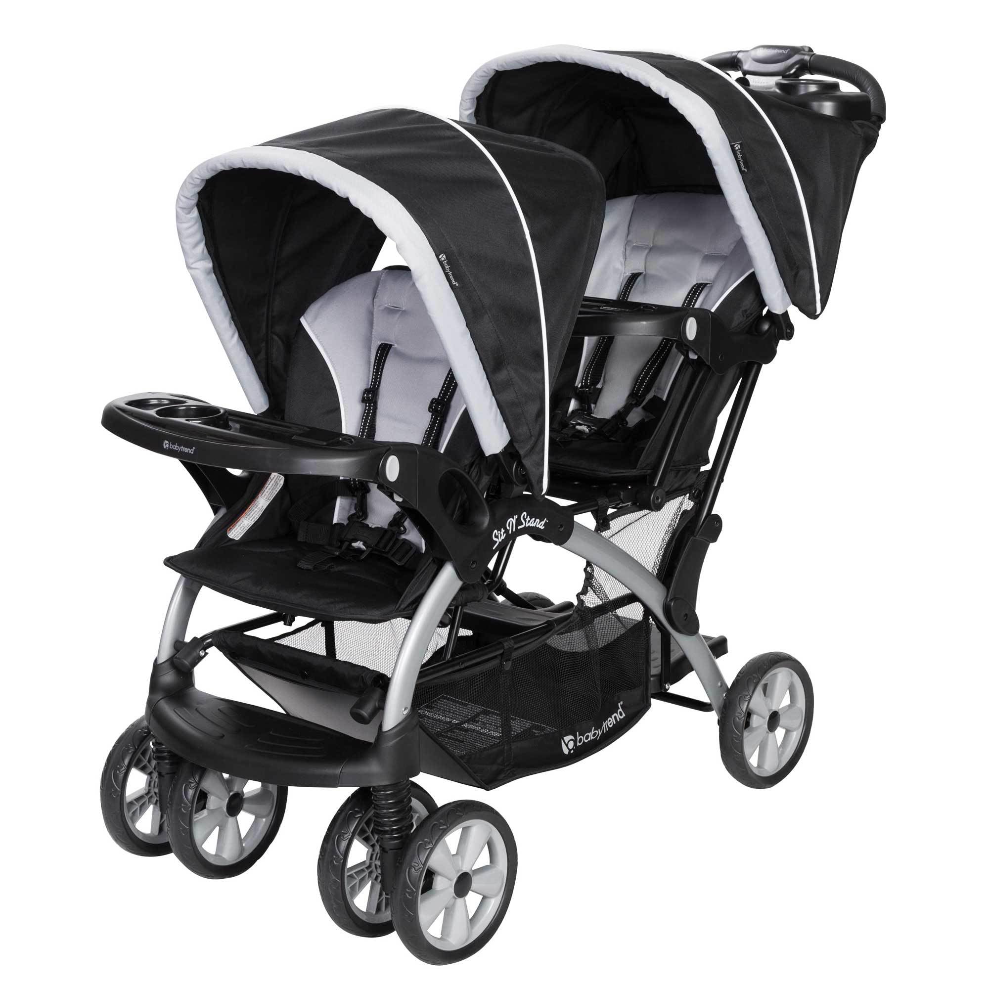 Baby Trend Double Infant and Toddler Stroller with 5-Point Harness & Storage Basket - Sit and Stand Design in Stormy Gray | Perfect for Twins, Siblings or Daycare Use