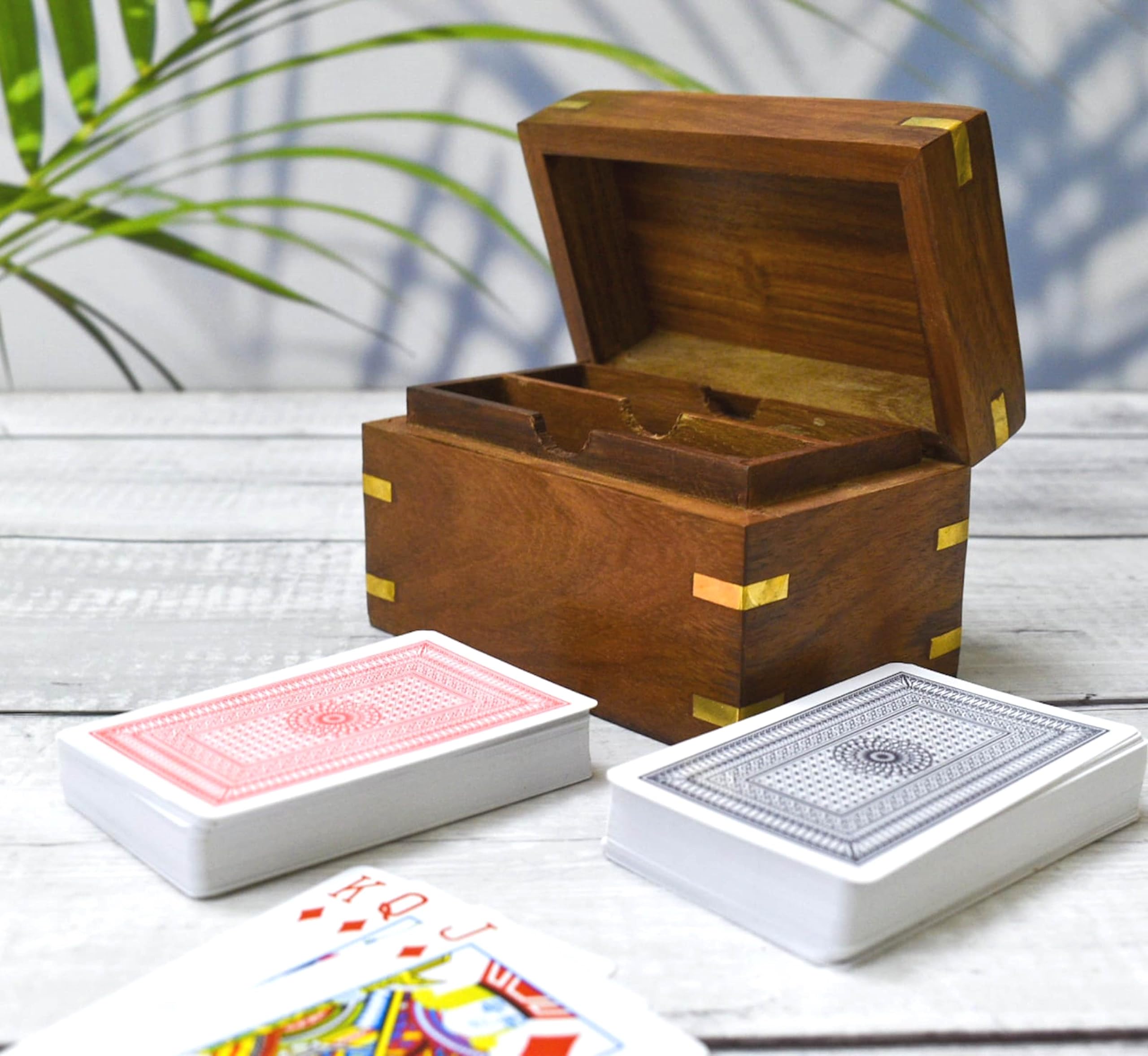 Handmade Wooden Playing Cards Holder with Brass Inlay Design - Premium Deck Storage Box & Organizer Case for Poker, Blackjack, Magic Tricks - Perfect Anniversary, Birthday Gift for Men & Card Game Lovers