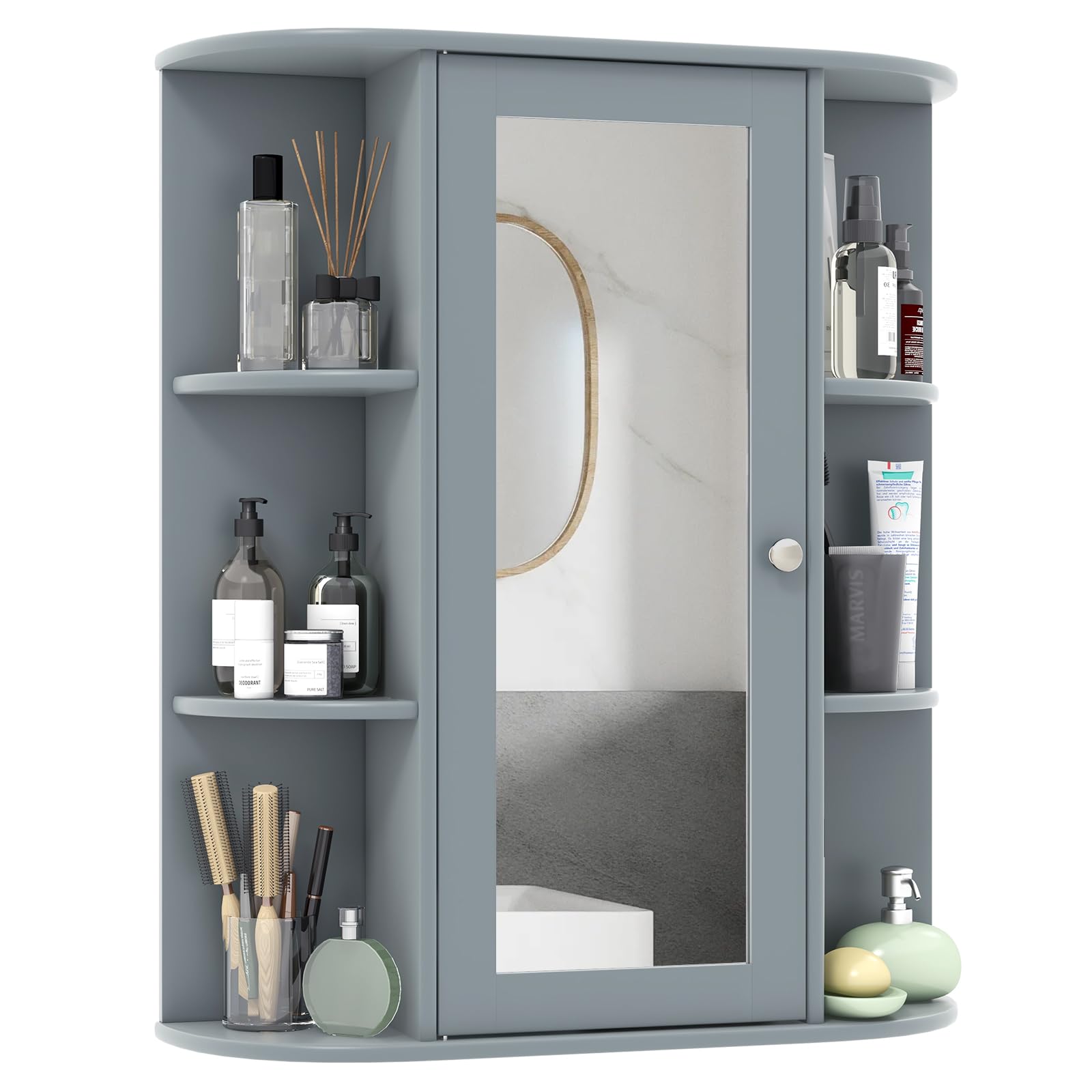 Tangkula Wall Mounted Bathroom Medicine Cabinet with Mirror Door - Adjustable Shelves, Removable Storage for Bathroom, Living Room & Laundry Room - Space Saving Grey Wooden Cabinet (Perfect for Small Spaces & Organized Storage)