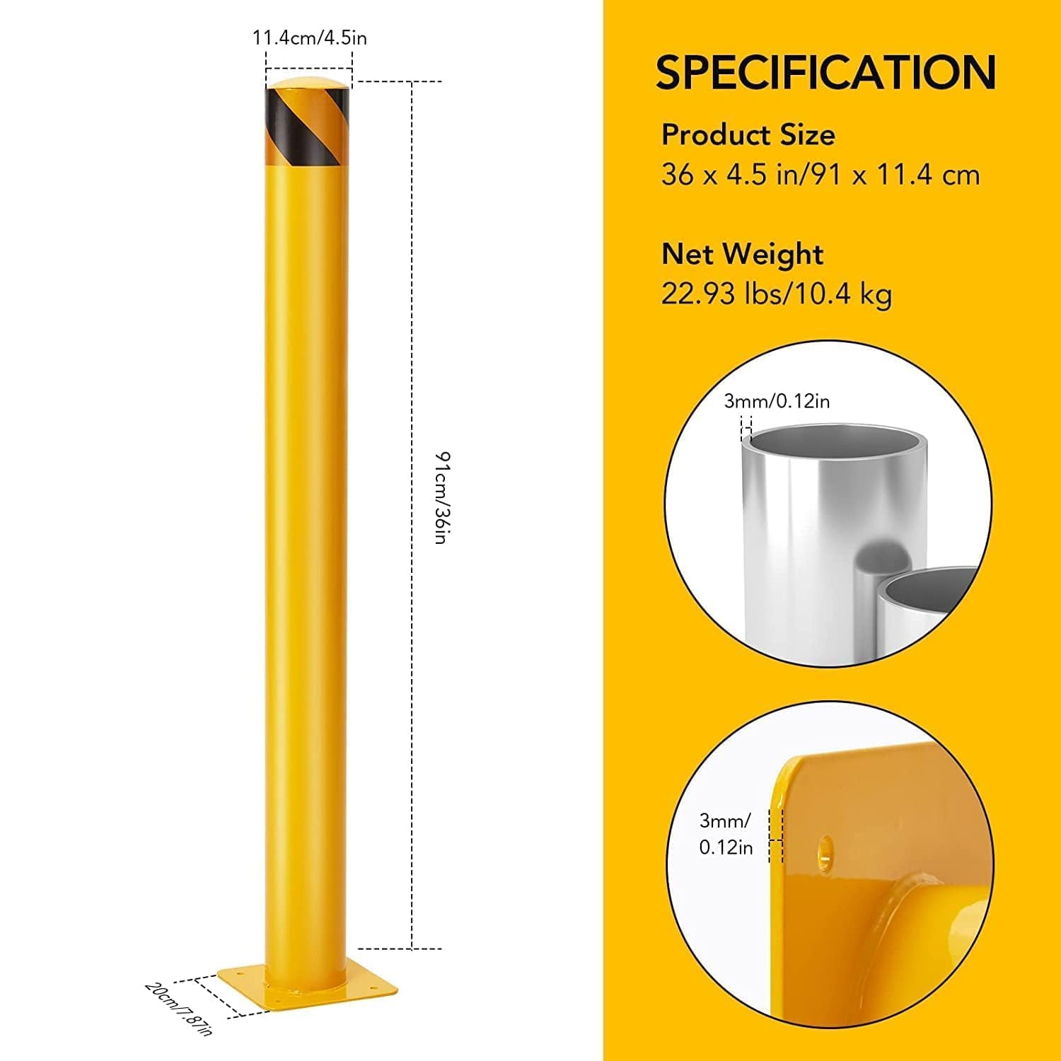 36 Inch Yellow Safety Bollard Post 6 Pack - 4.5 Inch Diameter Steel Traffic Control Bollards with 8 Anchor Bolts for Driveway Barrier, Parking Pole, and Pedestrian Safety
