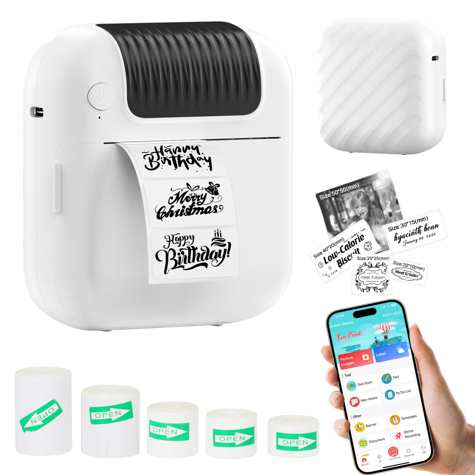 Bluetooth Wireless Label Maker Machine for iOS & Android - Inkless Mini Sticker Printer with 5 Rolls Tapes, Portable Thermal Printer for DIY, Kids, School & Office Organization | Perfect for Home, Classroom & Small Business Labeling