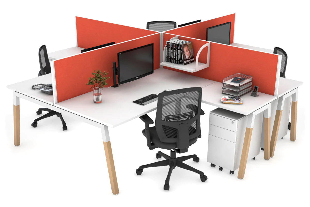 Quadro Wood A Legs Cross Beam 4-Person Corner Workstation Desk - 1600L x 1800W with Cable Management Scallop - Perfect for Office, Home Workspace & Collaborative Environments
