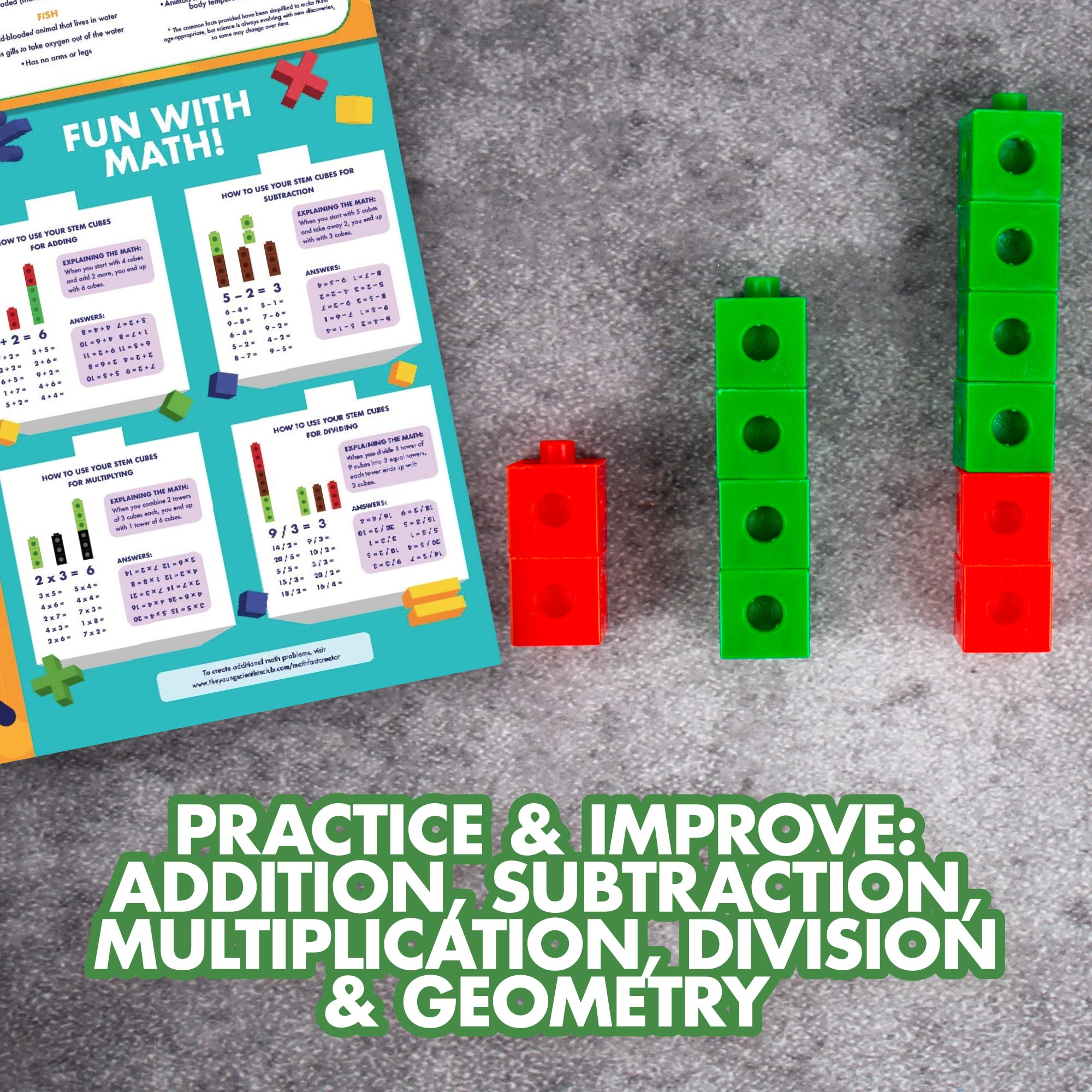 The Young Scientists Club Dinosaur STEM Cubes - 100+ Math Counting Blocks for Kids Ages 4-8 | 2-in-1 Educational Building & Learning Toys | Creative STEM Activities for Preschool & Kindergarten Classrooms | Perfect for Homeschool Math Games & Hands-on Learning