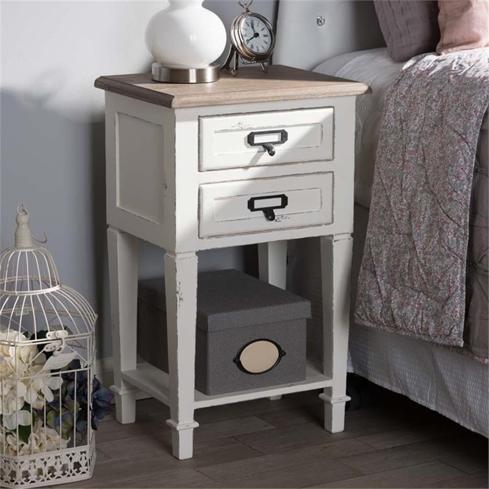 BOWERY HILL Modern 2-Drawer Wood Nightstand in Weathered Oak White - Stylish Bedside Table for Bedroom, Living Room & Guest Room