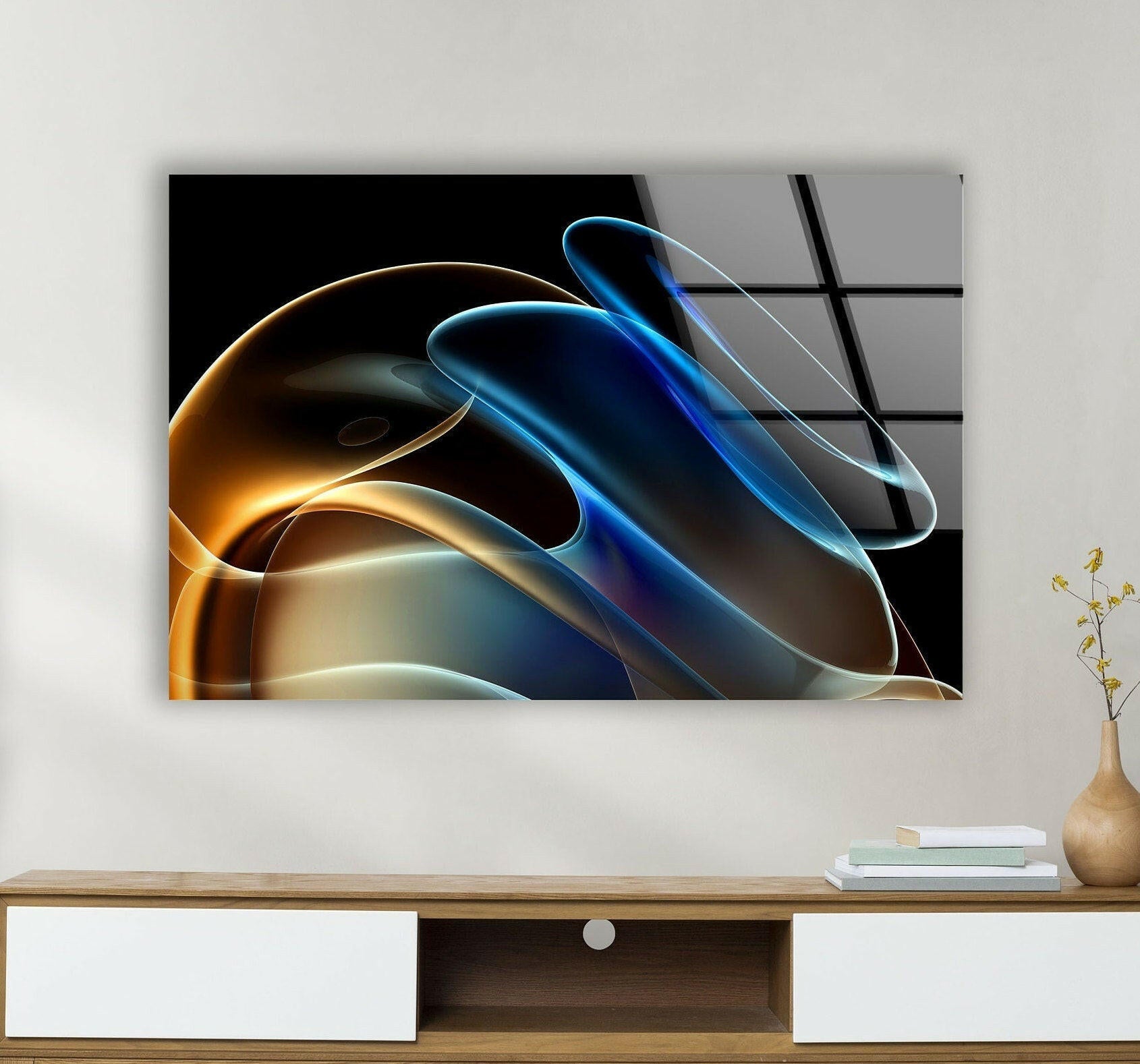 Blue Neon Wave Abstract Glass Wall Art - Modern Home Decor for Living Room, Bedroom & Office - Unique Handmade Glass Painting for Stylish Interior Design
