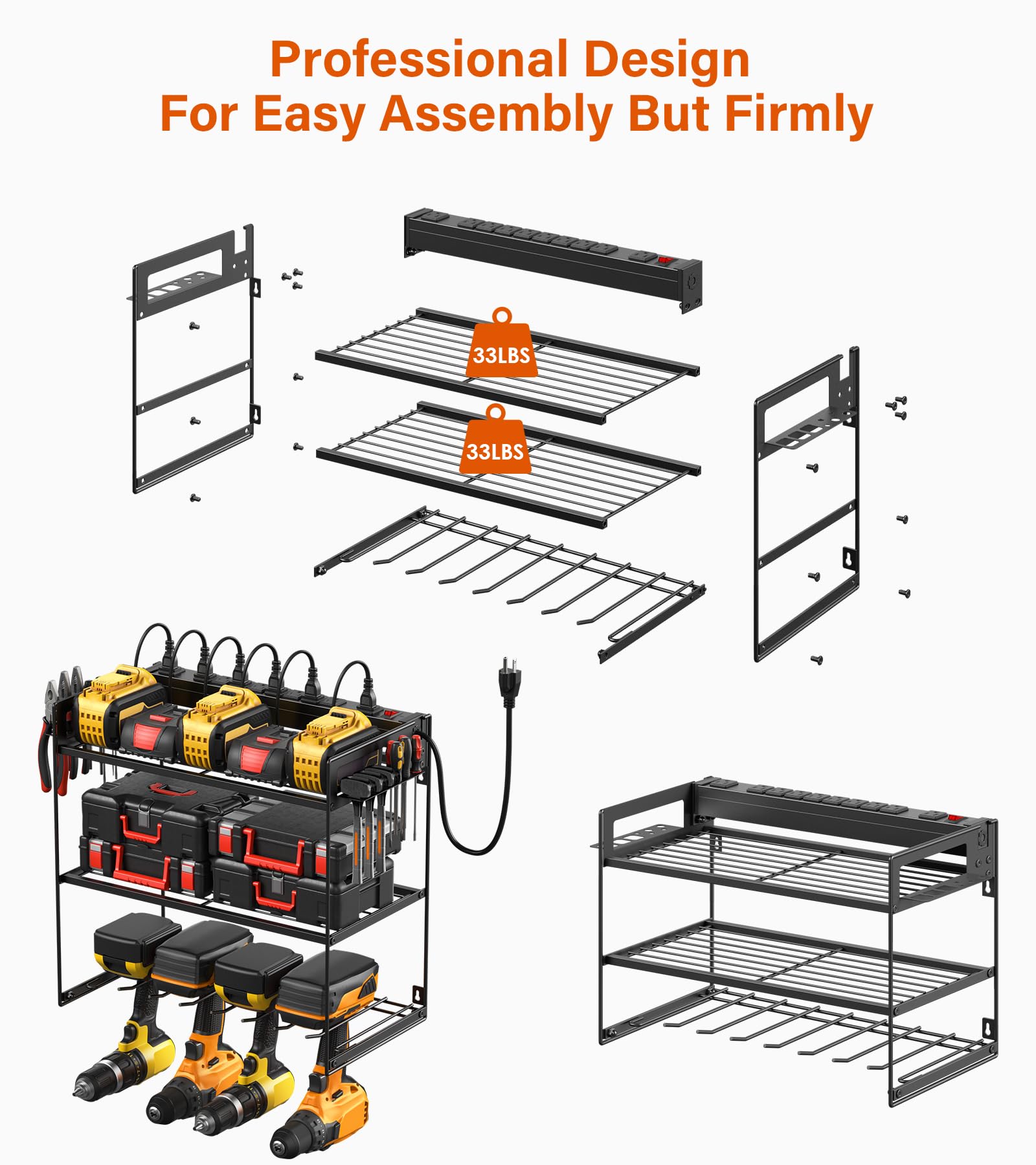 JUNNUJ 3-Layer Wall Mount Power Tool Organizer with 10-Outlet Power Strip & Charging Station - Heavy Duty Drill Holder for 4 Drills - Black Garage Storage Shelf for Workshop & Home Utility Rack - Perfect for DIY Projects, Professional Workspaces & Home Improvement