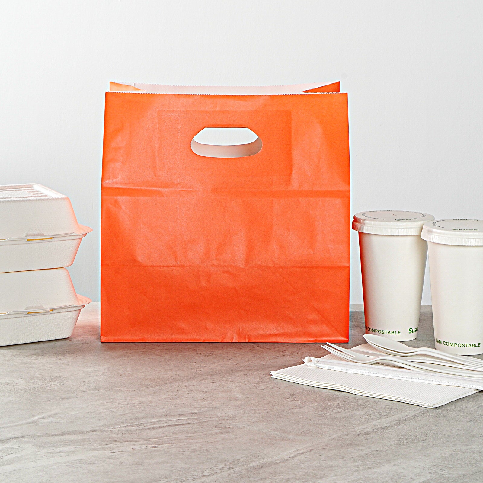 Eco-Friendly Rectangle Tangerine Orange Paper Take Out Bags with Handles - 11 x 7 x 11 Inches (100 Count) - Perfect for Restaurants, Cafes & Catering Businesses