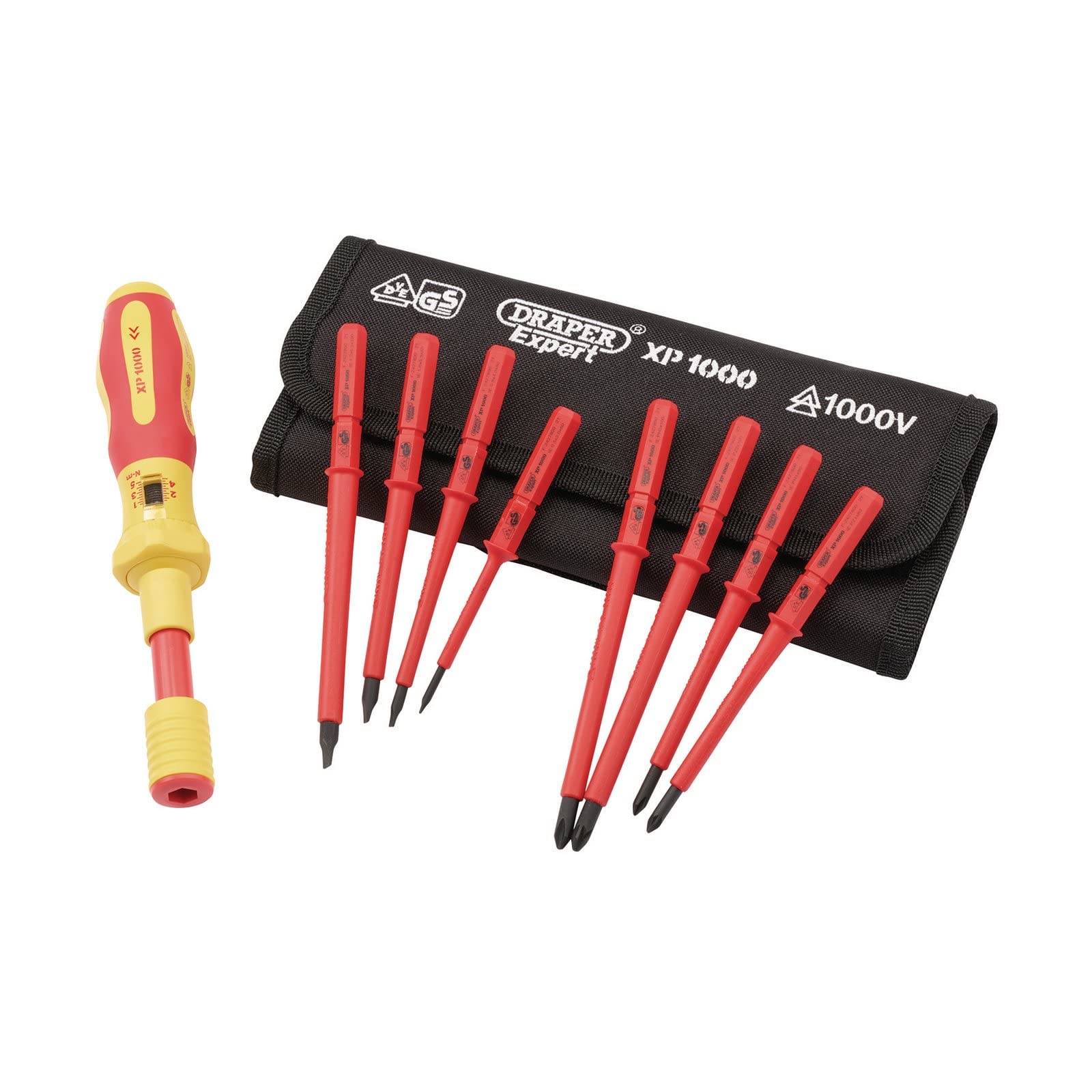 Draper XP1000 9-Piece Torque Screwdriver Set - VDE Dual Insulated Interchangeable Blade Electrical Tool Kit for Electricians & DIY Enthusiasts | Perfect for Home Repairs, Electrical Work & Professional Use | Hand Tools Set (Model 65372)