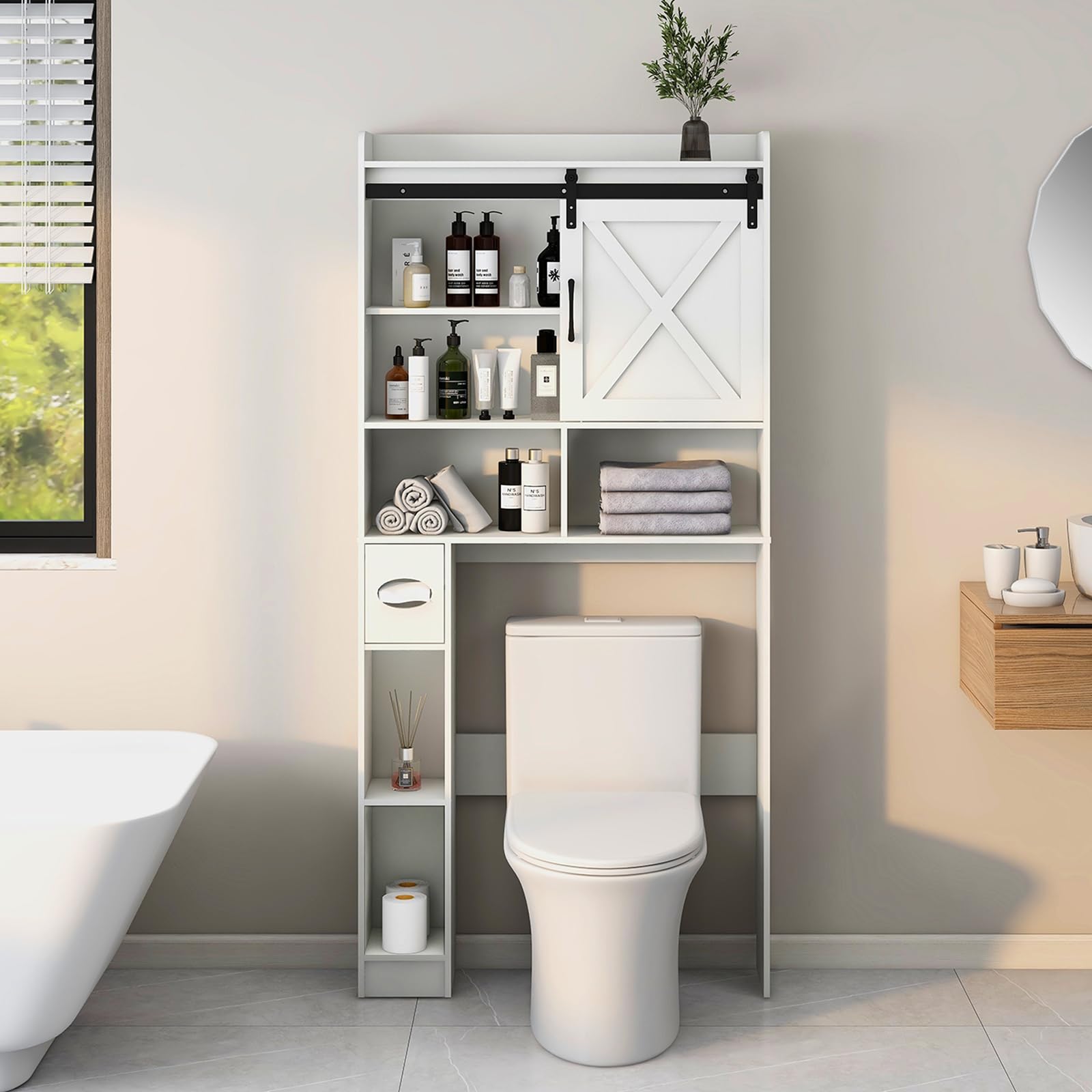 Farmhouse Over The Toilet Storage Cabinet with Sliding Barn Door & Toilet Paper Holder - Space-Saving Bathroom Organizer for Restroom, Laundry Room, and Small Bathroom Storage Solutions | Perfect for Apartments, Dorms, and Compact Spaces
