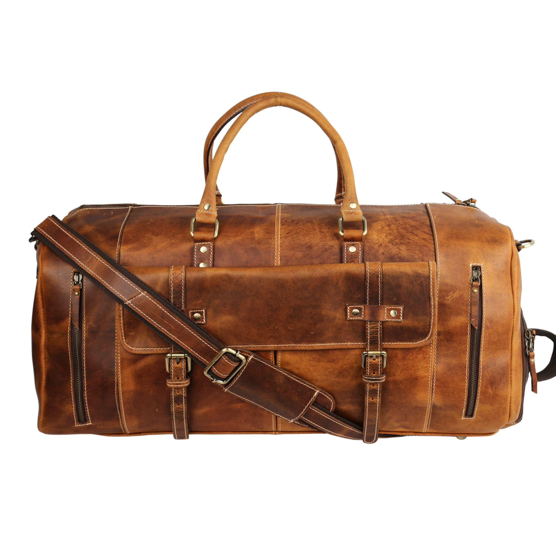 Premium Full Grain Leather Duffel Bag for Men & Women - 24 Inch Tan Travel, Gym & Overnight Weekender Bag - Durable Carryall for Sports, Business Trips & Weekend Getaways