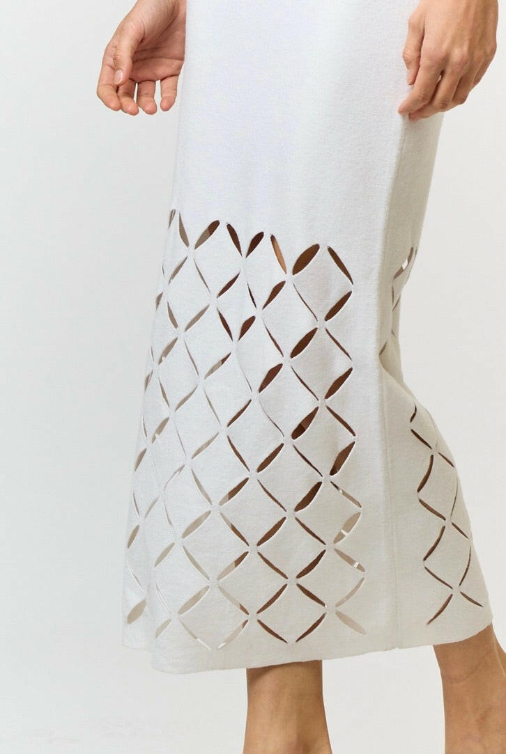 Off White Square Neck Cut Out Detail Sweater Midi Dress - Elegant Winter Office Wear & Holiday Party Outfit