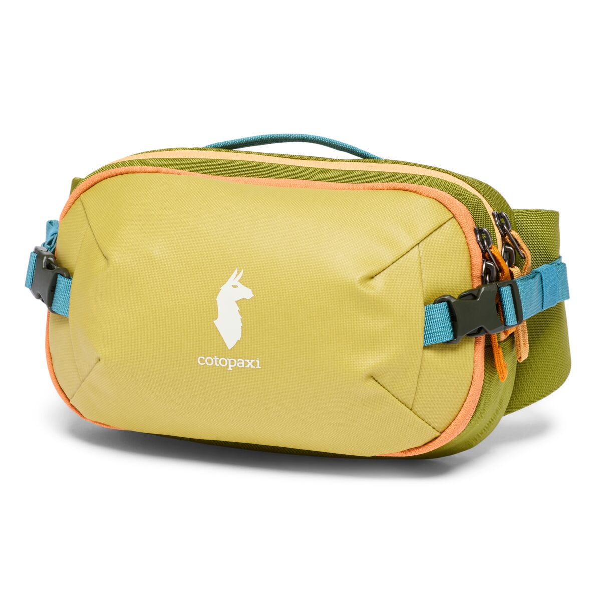 Cotopaxi Allpa X 3L Hip Pack - Waterproof Waist Bag for Travel, Hiking & Running - Compact Fanny Pack with Multiple Pockets - Lemongrass & Cedar Color - Perfect for Outdoor Adventures, Gym & Daily Use