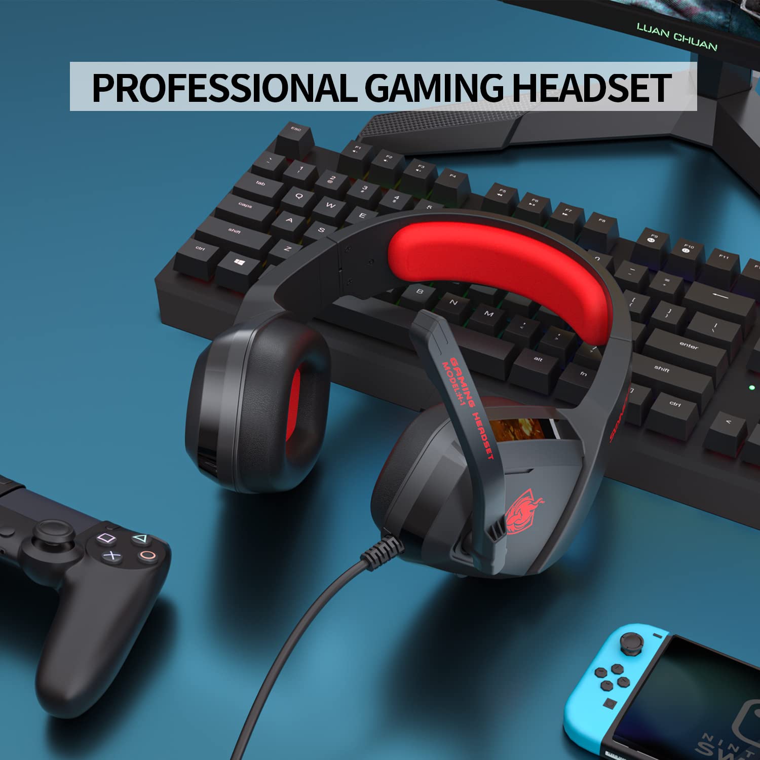 PHOINIKAS H1 Gaming Headset for PS4, Xbox One, PC, Laptop, Nintendo Switch - Noise Cancelling Microphone, Over Ear Headphones with Bass Surround Sound - Red | Perfect for Online Gaming, Streaming & Virtual Meetings