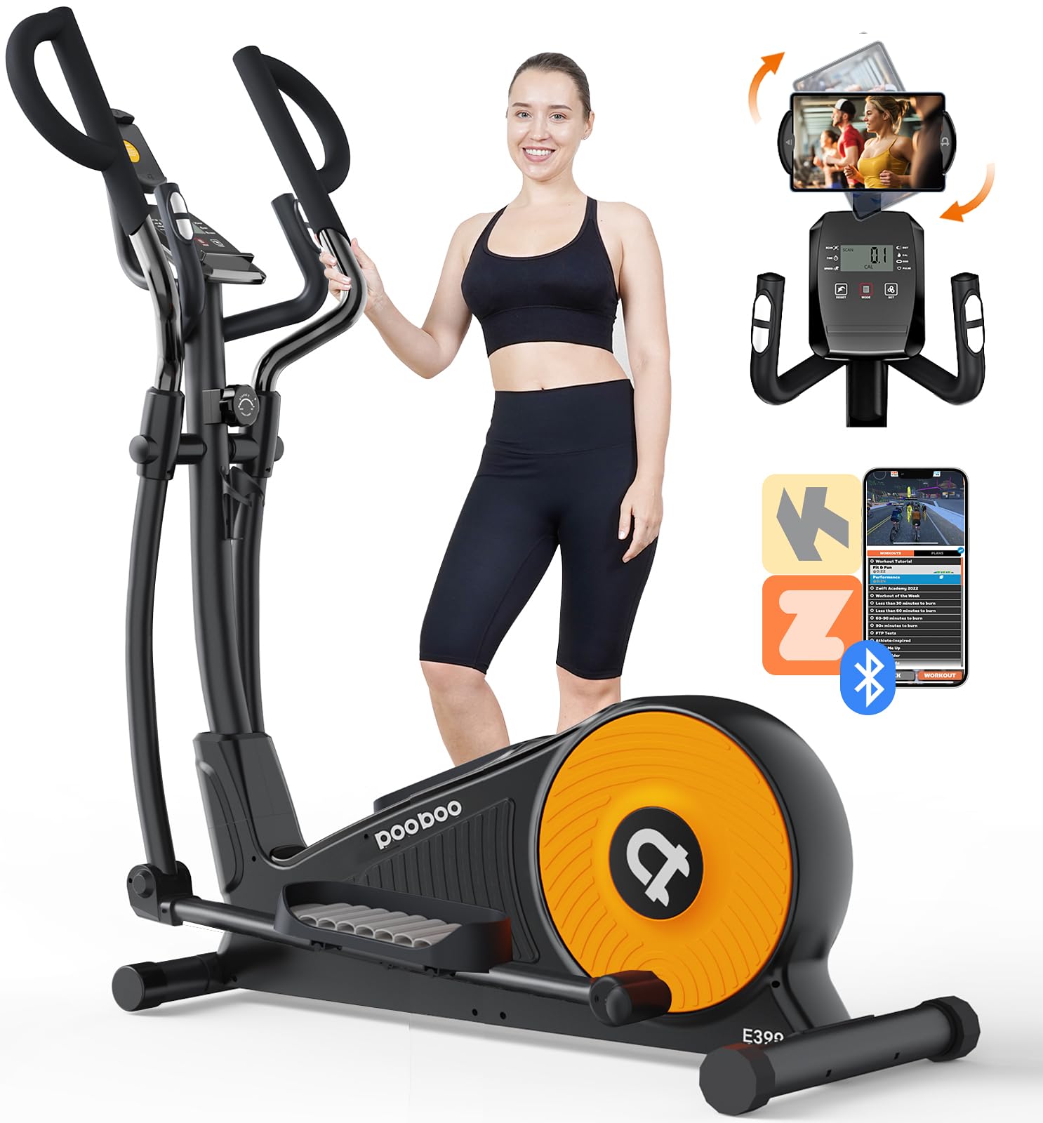 Pooboo Magnetic Elliptical Machine for Home Use - 16-Level Adjustable Resistance, Hyper-Quiet Drive System, LCD Monitor & Tablet Stand - 400LBS Weight Capacity - Perfect for Home Gym, Cardio Workouts & Small Spaces