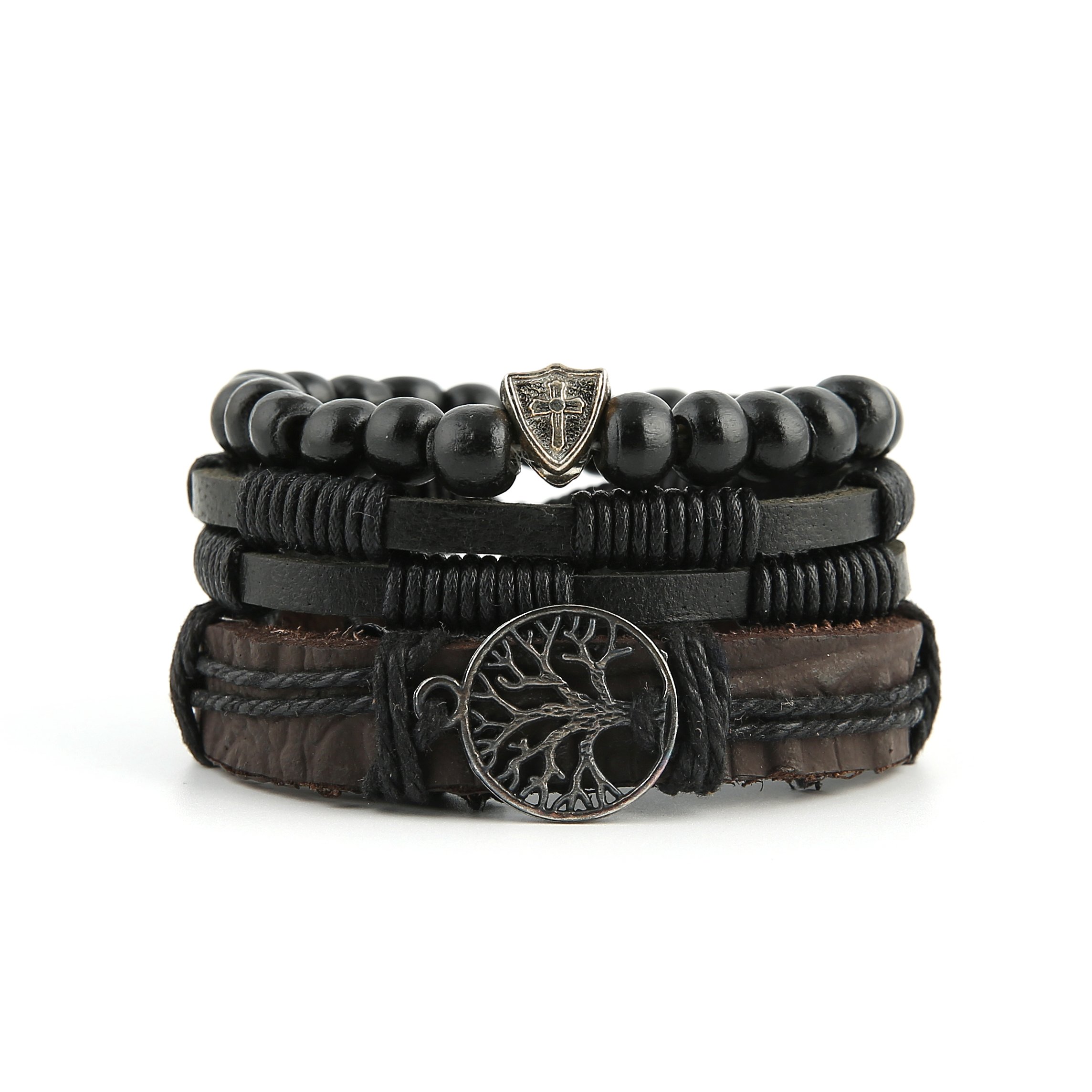 HZMAN Genuine Leather Tree of Life Bracelet for Men & Women - Tiger Eye Natural Stone & Lava Rock Beads Elastic Ethnic Tribal Wristband - Perfect for Yoga, Meditation, Boho Fashion & Everyday Wear