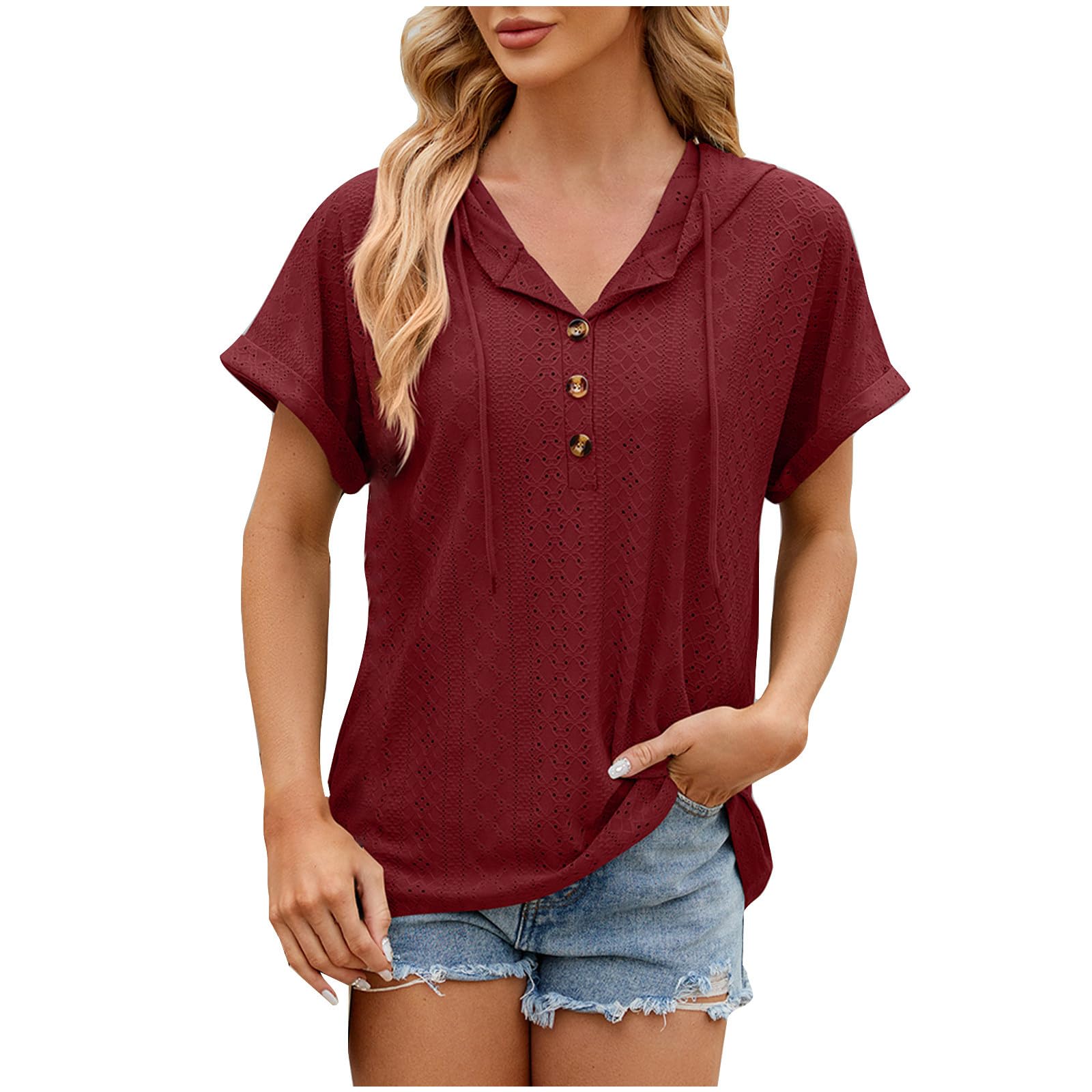 Trendy Women's Eyelet Tops 2025 - Summer Short Sleeve Hoodies & Casual Button Up Blouses with Embroidery | Loose Fit for Beach, Travel & Everyday Wear