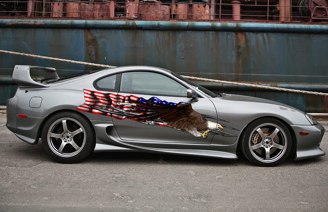 Patriotic US Eagle Car Vinyl Decal - American Flag Car Wrap Sticker - High Quality Full Color USA Graphics - Durable Tribal Design for Vehicles, Trucks & Windows - Perfect for 4th of July, Veterans Day & Car Shows