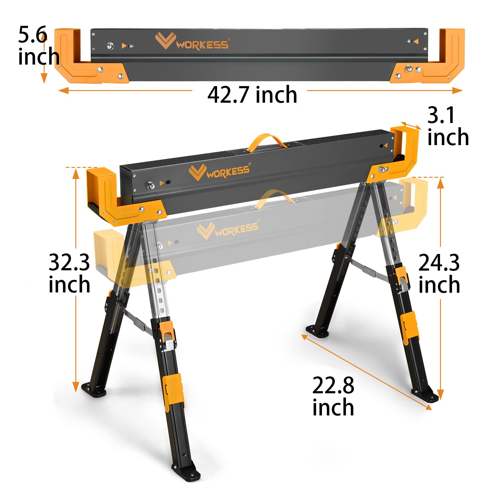 Heavy Duty Folding Saw Horses 2 Pack - 2600 Lbs Capacity, Adjustable Height 24-32 Inch with 2x4 Support Arms - Portable Workbench for Woodworking, Construction & DIY Projects - Easy Grip Handle & Foldable Legs for Compact Storage