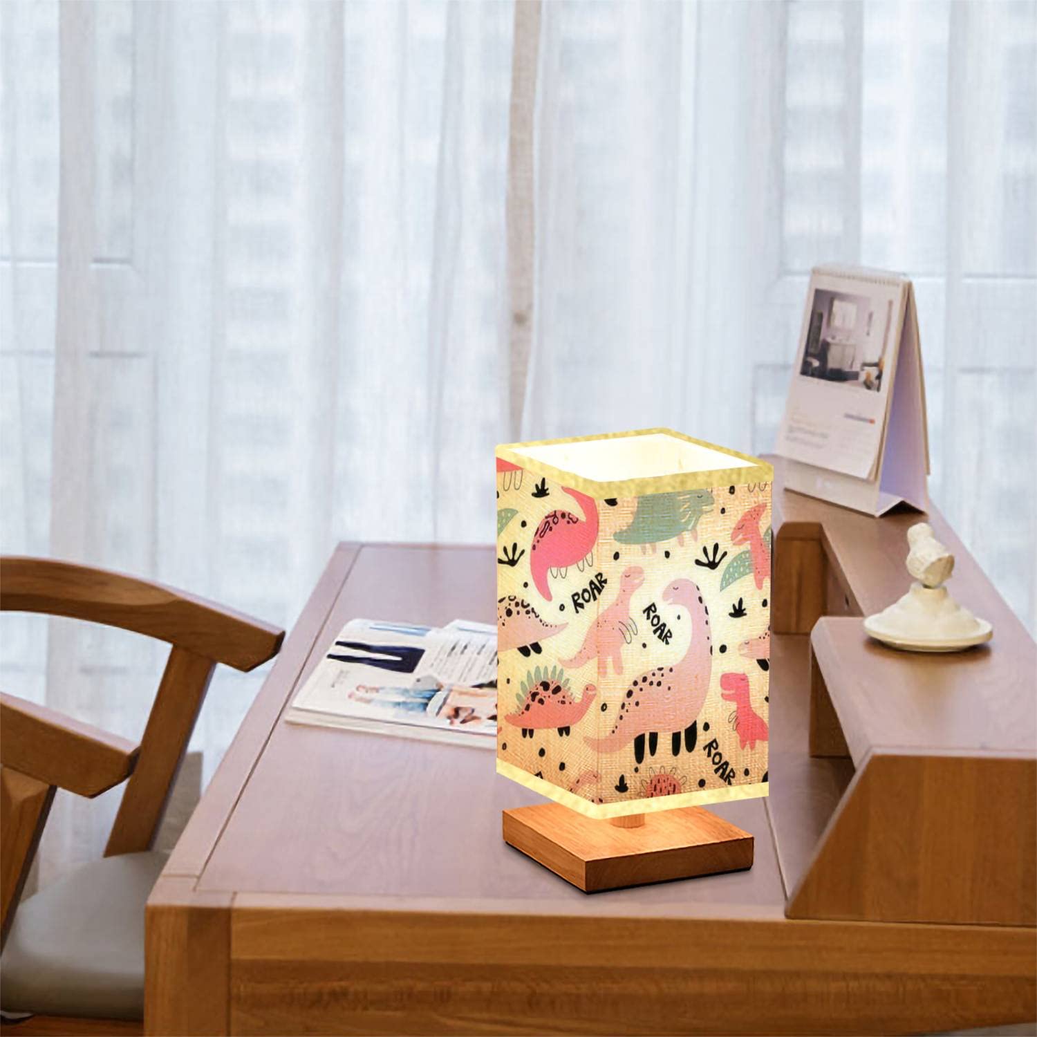 Dimmable Scandinavian Style Square Bedside Table Lamp with Wooden Base & Flaxen Fabric Shade - Dinosaur Print Nightstand Lamp for Kids Bedroom, Nursery, Living Room | Perfect Reading Light & Cozy Nighttime Ambiance