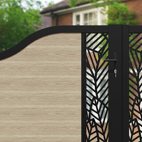 Classic Habitat Curved Top Driveway Gate - Light Oak Finish with Middle Screen - Perfect for Home Security and Curb Appeal Enhancement
