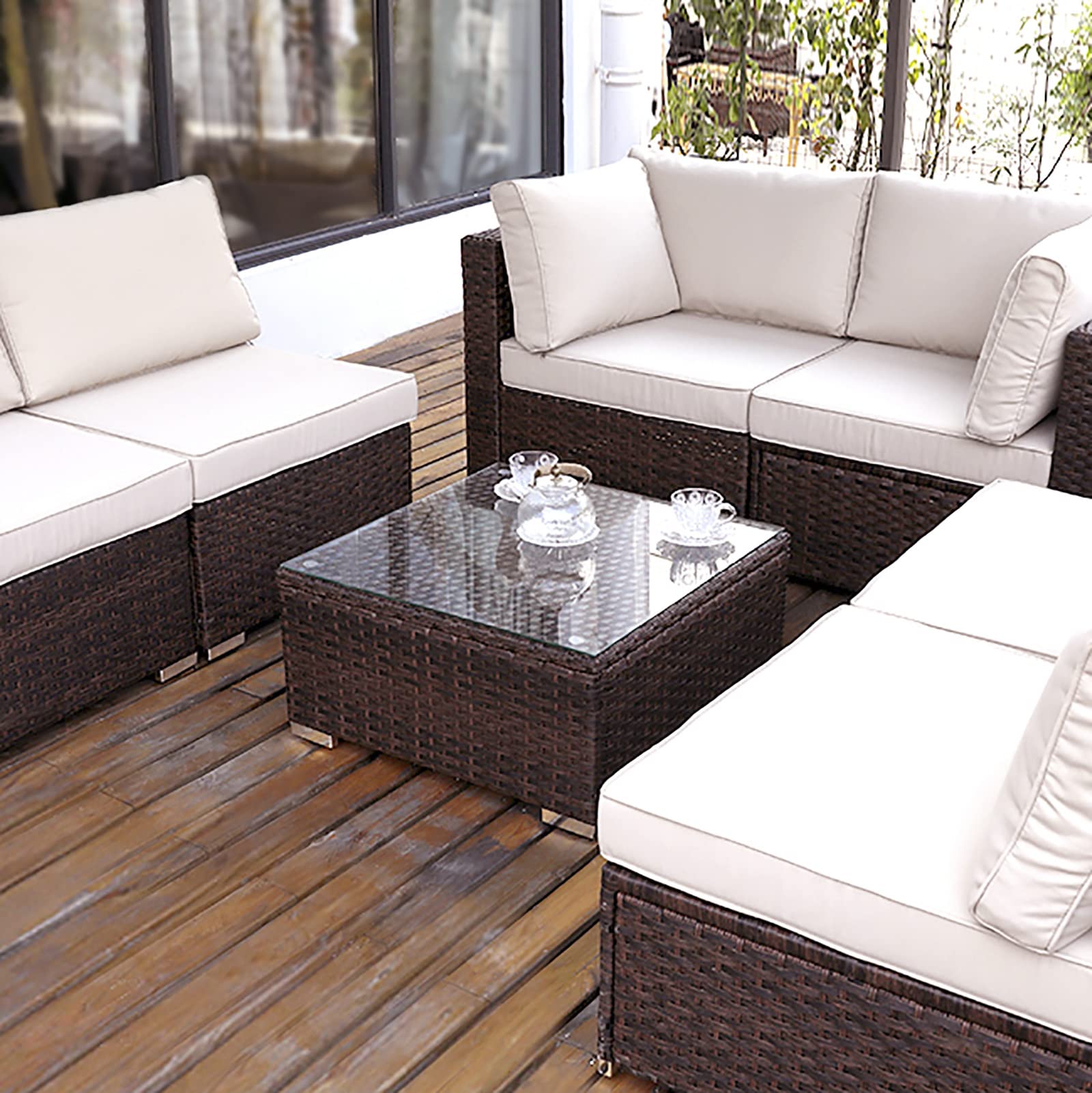 DIMAR GARDEN Outdoor Coffee Table - 25.2 Inch Wicker Patio Side Table with Tempered Glass Top, Weather-Resistant Mixed Brown - Perfect for Poolside, Garden, and Patio Furniture Sets