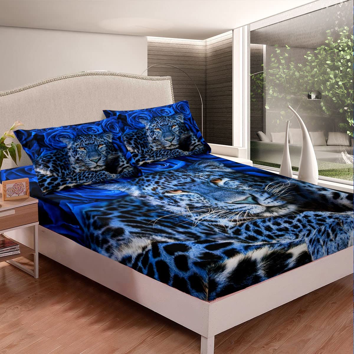 Feelyou Leopard Print Bedding Set - Safari Cheetah Pattern Comforter Cover for Kids, Boys & Girls - Breathable Twin Size Wild Animal Bed Sheets with Blue Rose Design - Perfect for Jungle Themed Bedrooms & Teen Room Decor