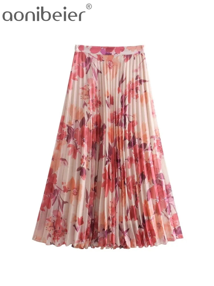 Aonibeier Women's Printed Summer Suit Set - V-Neck Casual Shirt with Pleated Maxi Skirt, Y2K Streetwear Fashion for Beach, Vacation and Daily Wear