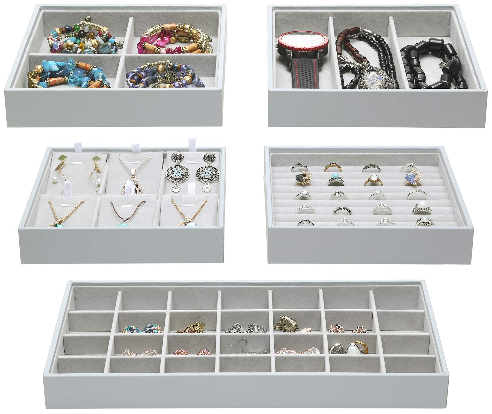 Magic Stackable Jewelry Organizer Trays - 5-Piece Set for Necklaces, Rings, Earrings & Cosmetics | Drawer & Closet Storage Solution for Accessories & Gadgets | Perfect for Travel, Vanity & Dresser Organization