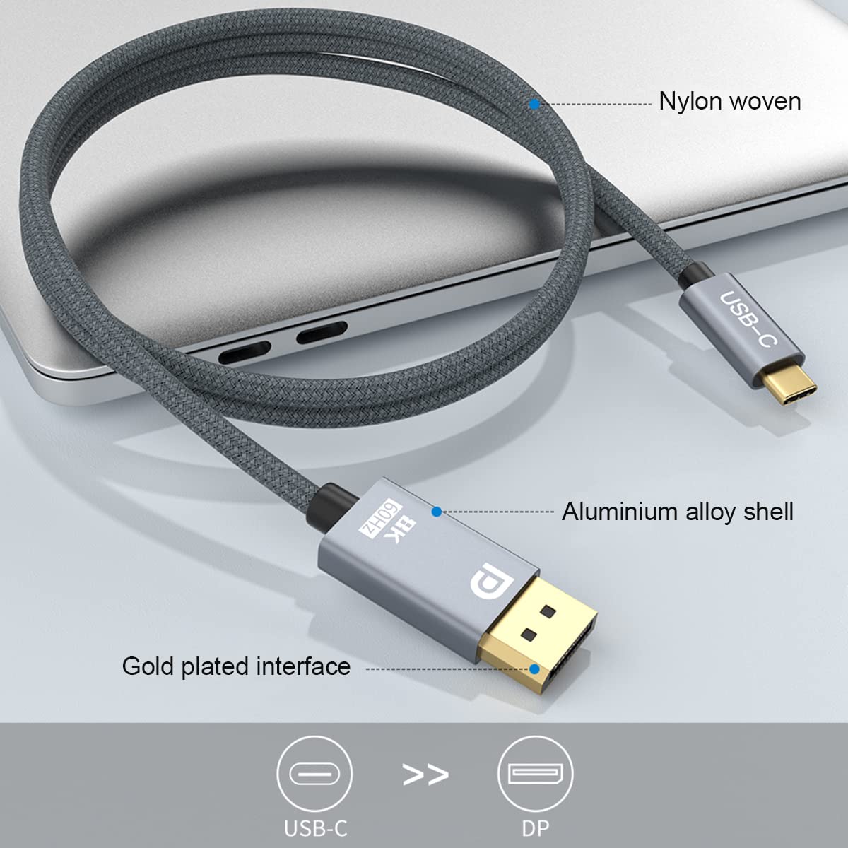 8K@60Hz USB C to DisplayPort 1.4 Cable (6FT) - Thunderbolt 4/3 to DP 4K@144Hz, 2K@240Hz, 32.4Gbps - Compatible with MacBook Pro, MacBook Air, iPad Pro 2020, XPS - Perfect for Gaming, Video Editing & 8K Display Connectivity