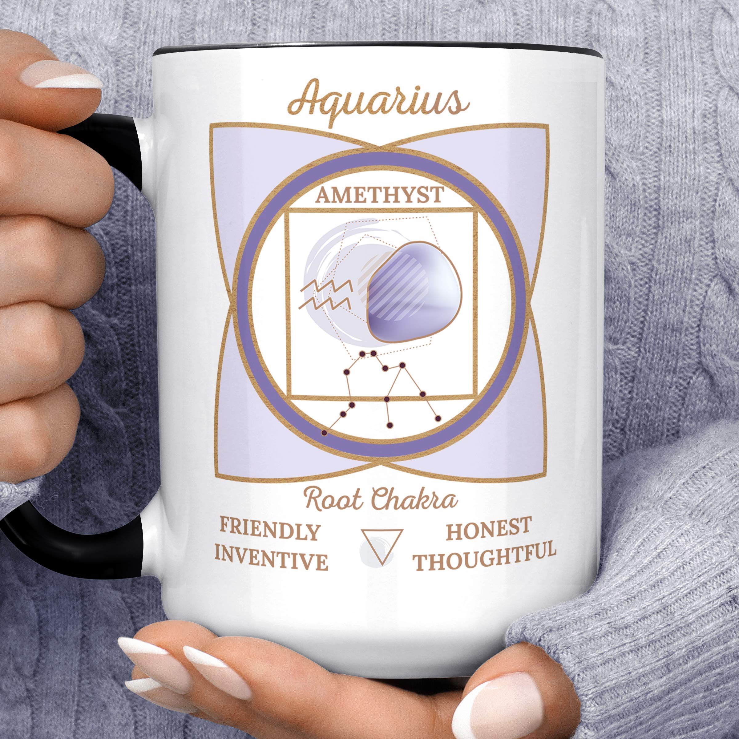 Aquarius Zodiac Sign Coffee Mug - Amethyst Crystal Root Chakra Horoscope Ceramic Cup | Microwave & Dishwasher Safe | Perfect for Astrology Lovers, Meditation & Daily Coffee Rituals