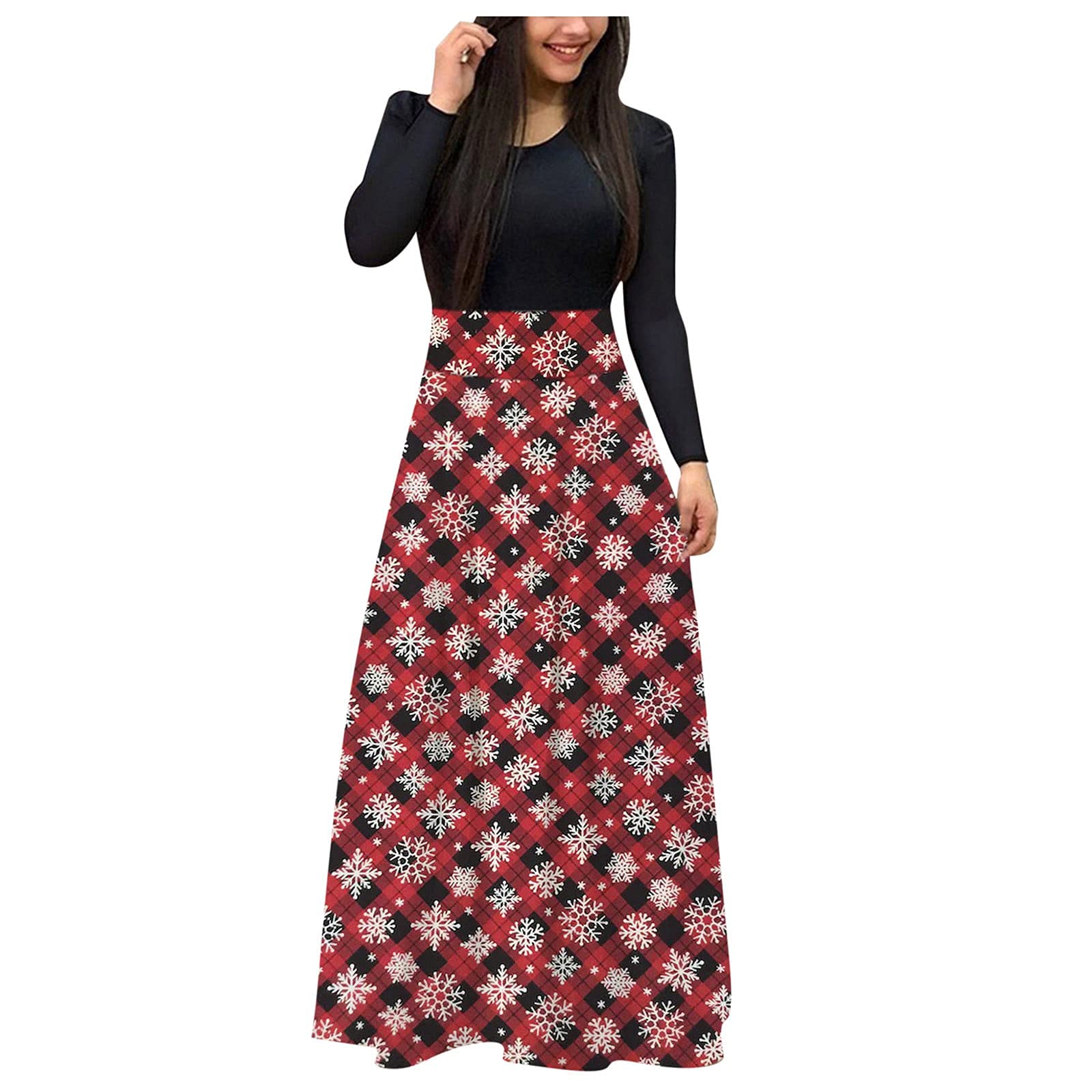 Festive Christmas Dresses for Women - Long Sleeve Empire Waist Plaid Maxi Dress with Ugly Snowman Print | Holiday Party, Cocktail & Winter Formal Wear | Perfect for Office Parties, Family Gatherings & Christmas Celebrations