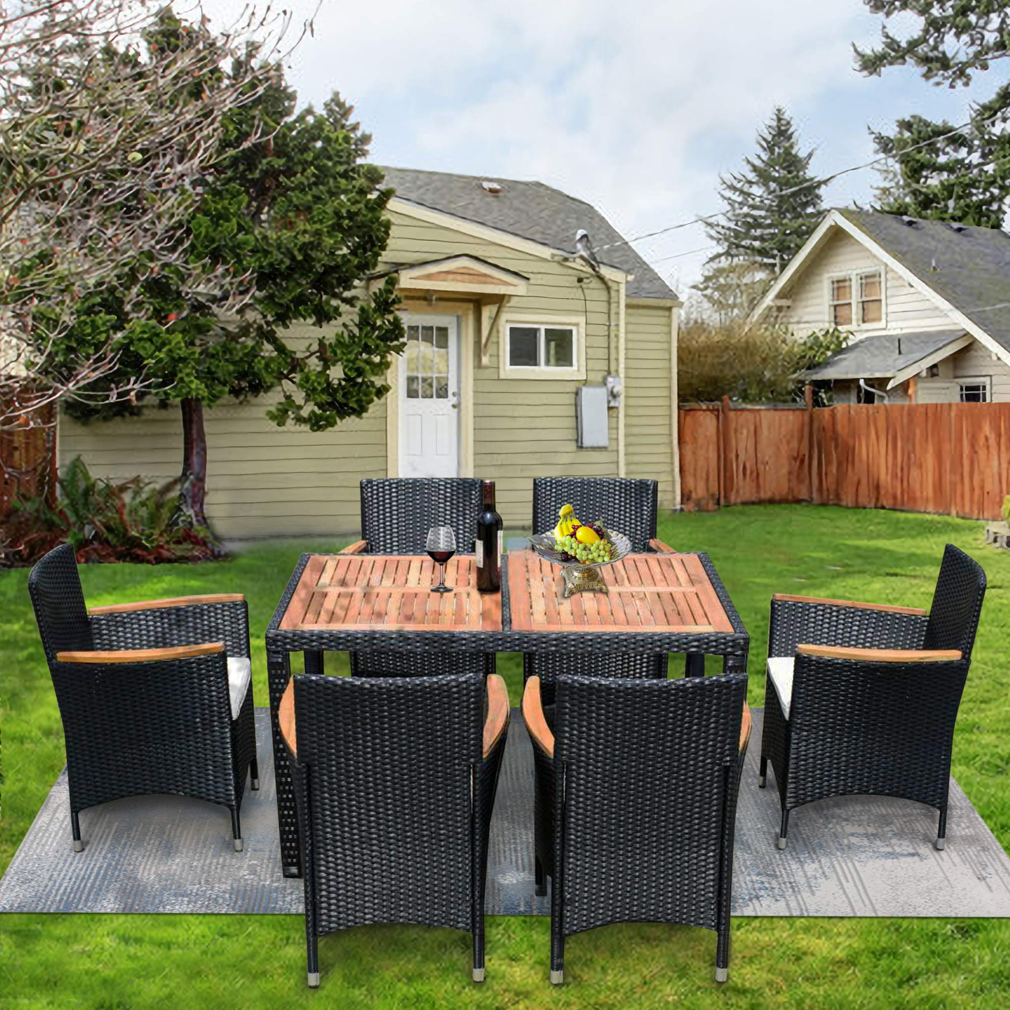 EMKK 7-Piece Patio Dining Set - Acacia Wood & Wicker Outdoor Furniture with Rectangular Table & 6 Cushioned Chairs - Perfect for Garden, Backyard, Poolside & Outdoor Entertaining