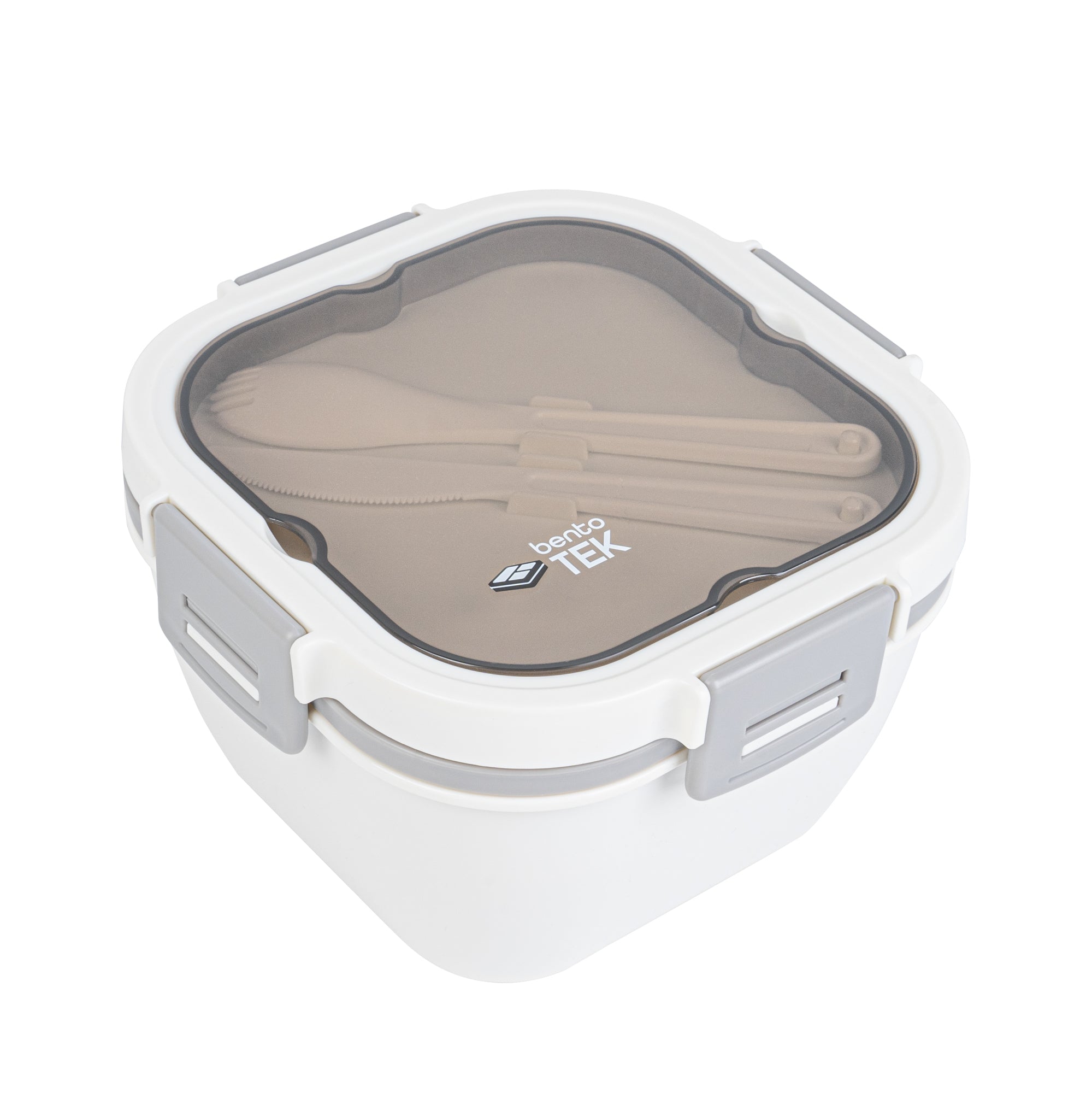 Bento Tek 58 oz White and Gray BPA Free Lunch Box with Fork & Knife - Microwave Safe, 7.25