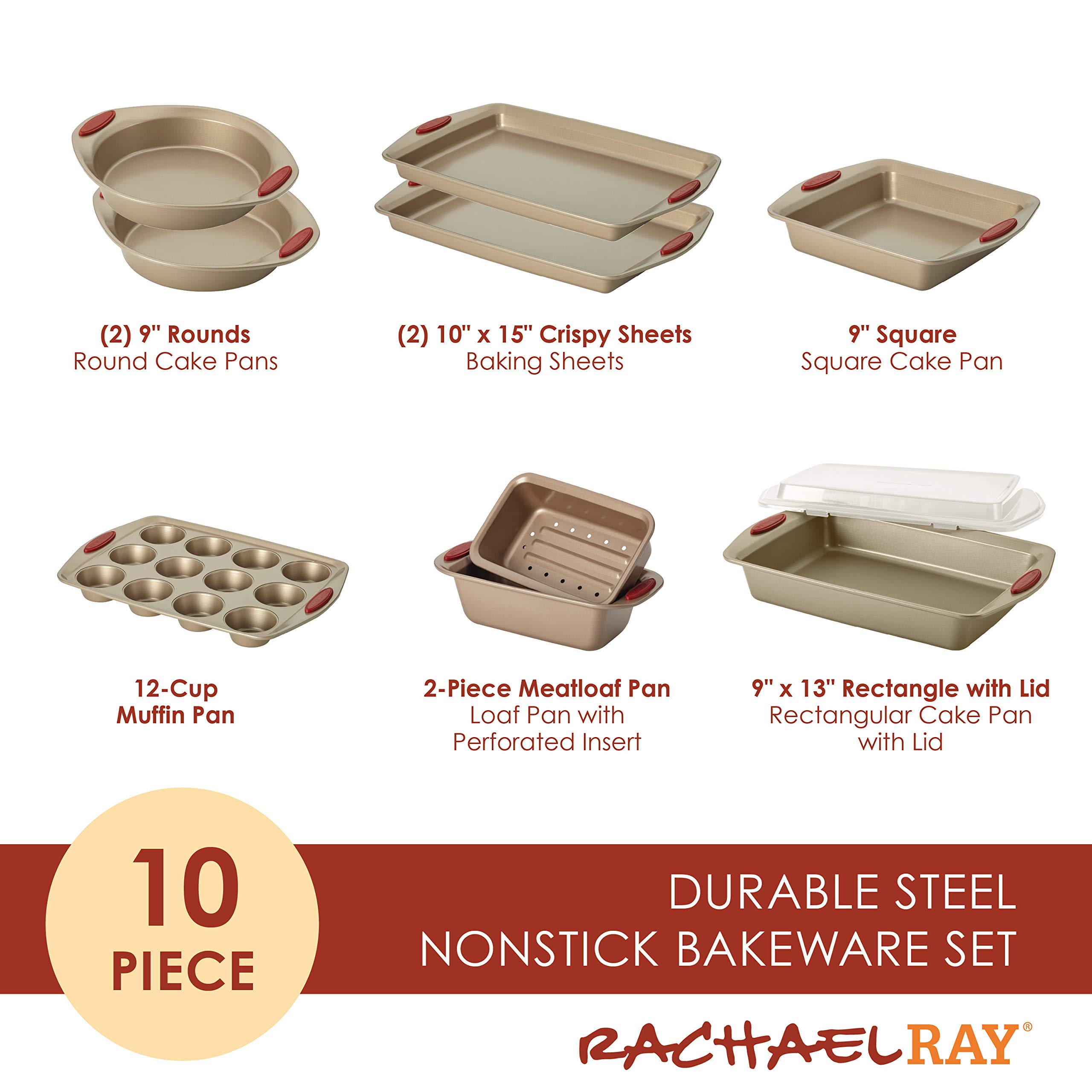 Rachael Ray Cucina Nonstick Bakeware Set - 10-Piece Non-Stick Baking Sheets, Cake Pan, Muffin & Bread Pan in Latte Brown with Red Grips + 2-Piece Red Nylon Cooking Utensils | Perfect for Baking Cookies, Cakes, Bread & More | Ideal for Home Bakers & Professional Kitchens