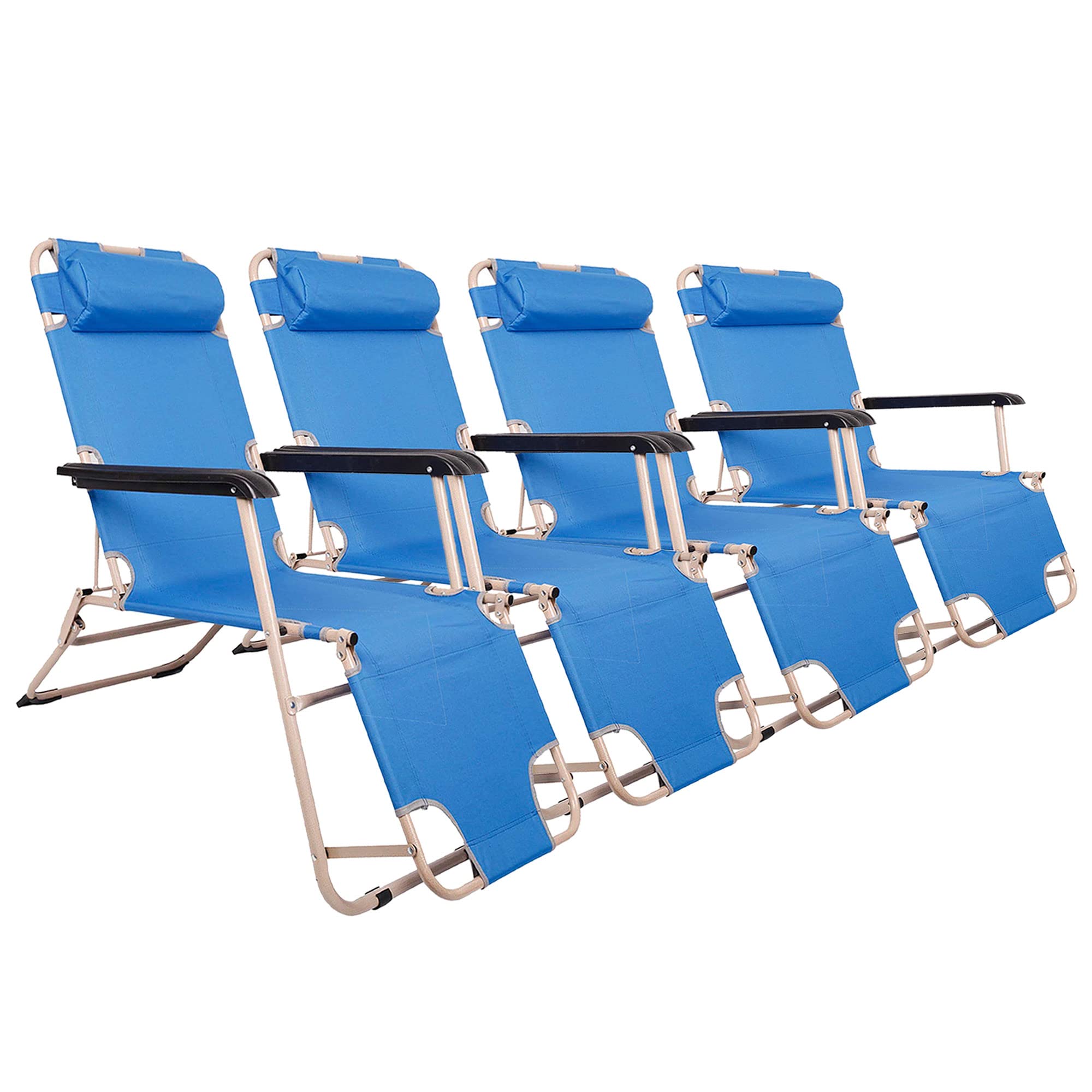 LUCKYERMORE 4 Pack Patio Lounge Chairs - Foldable Flat Cot Outdoor Camping Recliners for Beach, Lawn, Pool & Backyard - 60