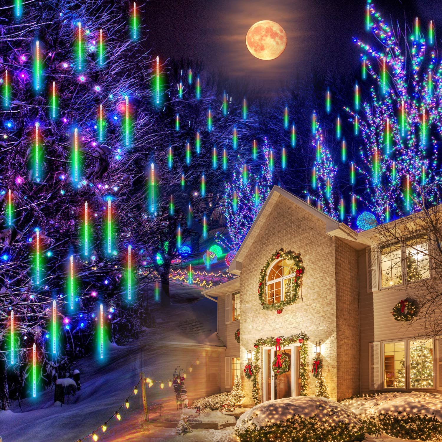 Meteor Shower LED String Lights - 11.8 Inch 8 Tubes Waterproof Double-Sided SMD Curtain Lights for Garden, Bar, Halloween & Christmas Decor - Indoor/Outdoor Hanging Decorative Lighting for Parties, Weddings, and Home Ambiance