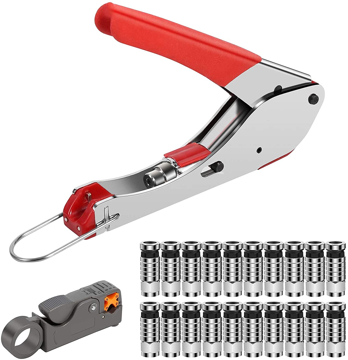 Estink Coax Cable Crimper Tool Kit - Portable Coaxial Cable Compression Tool with Adjustable Stripper for RG59/6/58/174 Cables, Includes 20 F Connectors - Perfect for Home Theater & CCTV Installation