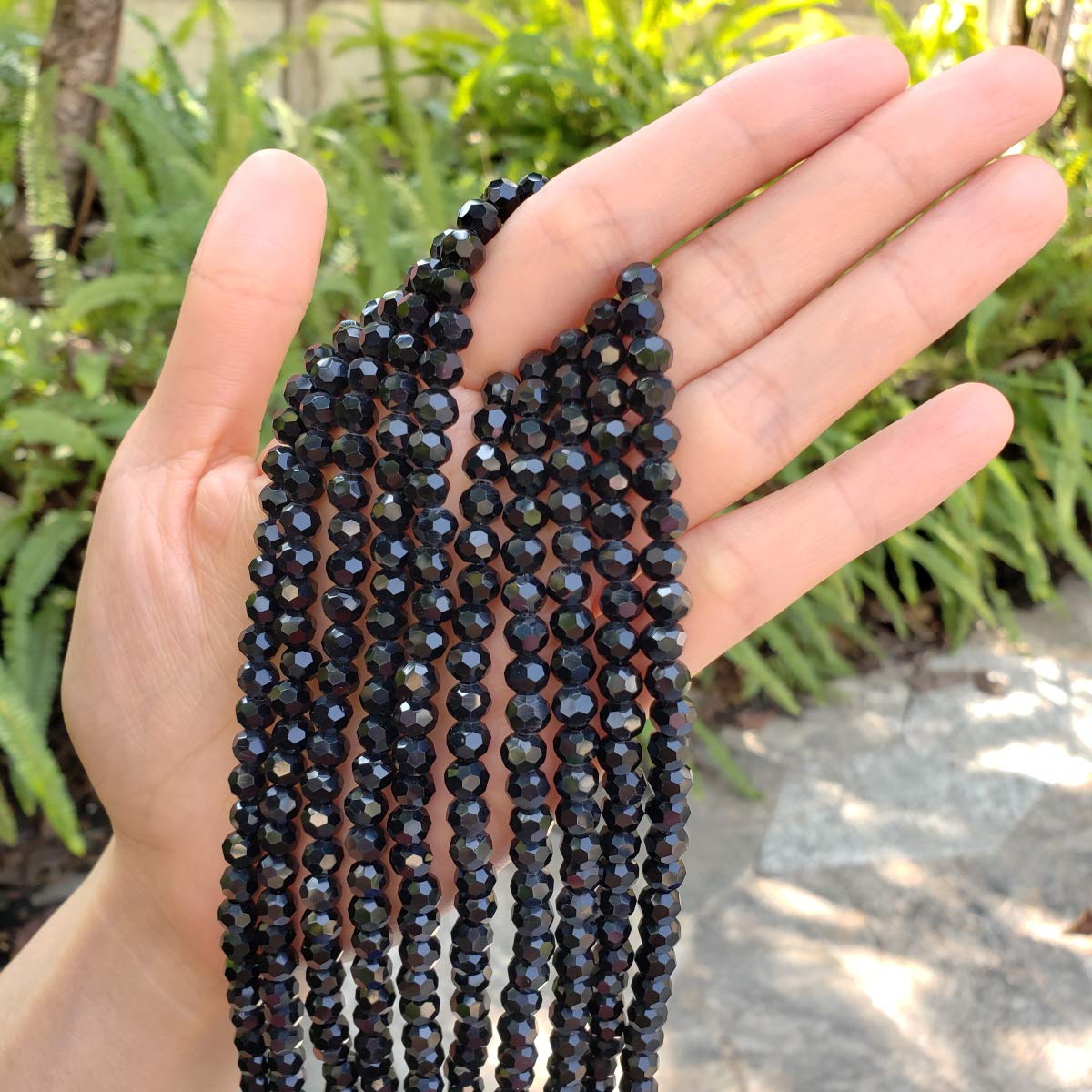 5 Strands Czech 6mm Faceted Round Crystal Glass Loose Beads Spacers Bulk Jet Black (450-475pcs) for DIY Jewelry Making, Craft Supplies, Bracelets, Necklaces, Earrings - Perfect for Wedding, Party, Gift Giving and Fashion Accessories