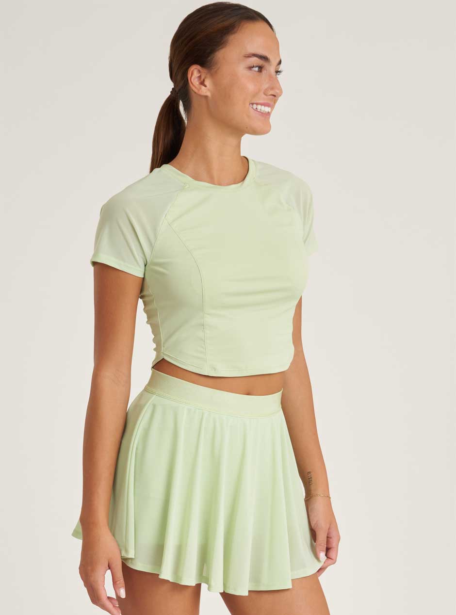 Thrive Société Women's Mesh Performance Cropped Tee - Breathable Workout Top for Yoga, Running & Gym in Matcha Green | Athletic Activewear for Women