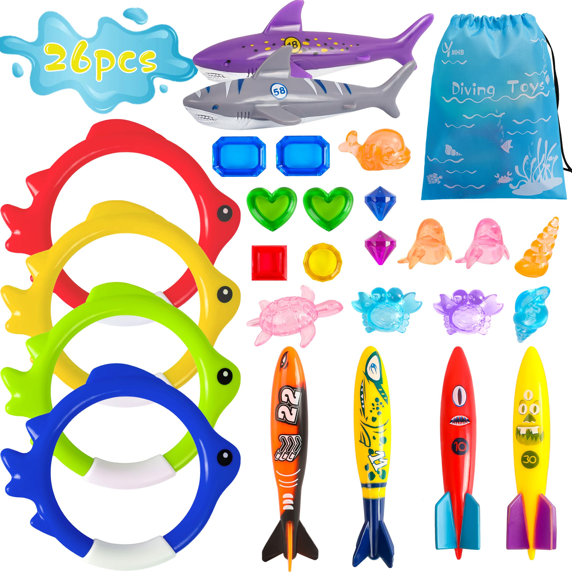 26 Pcs Diving Pool Toys Set for Kids - Swimming Pool Games with Storage Bag Includes Dive Rings, Torpedo Gems & Sea Animals - Perfect for Summer Swim Fun, Pool Parties & Water Play Activities