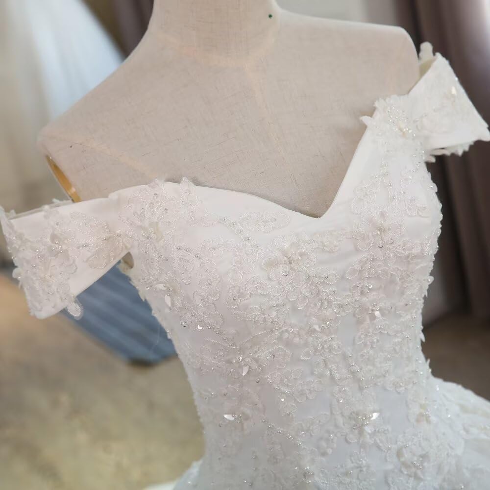 XYAYE Off Shoulder Lace Tulle Wedding Dress for Bride - Puffy Ball Gown with Long Train | Perfect for Church Ceremony, Beach Wedding & Formal Reception