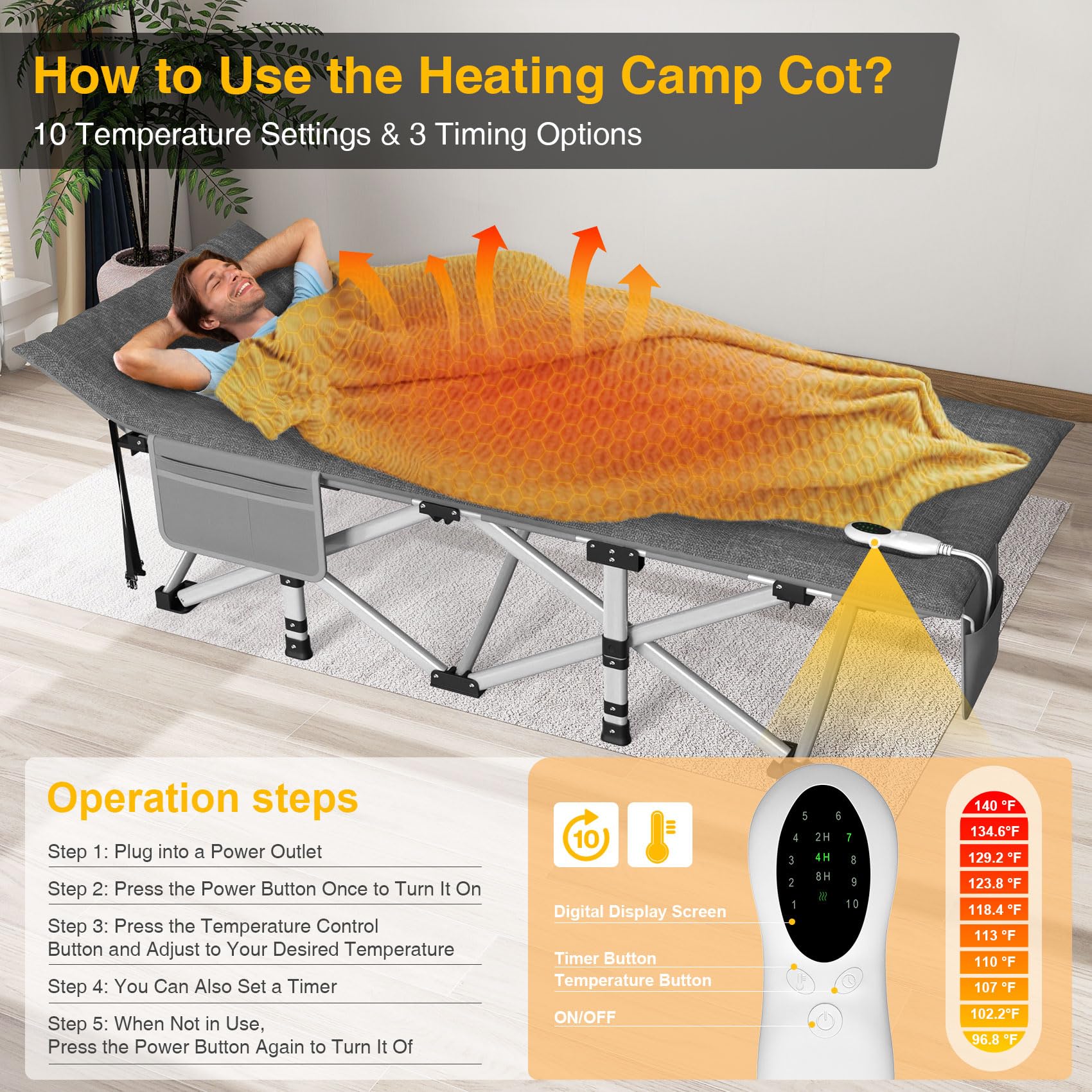 Suteck Heated Folding Camping Cot for Adults - Portable Outdoor Sleeping Bed with Built-in Soft Cotton Pad & Carry Bag - Supports 500 lbs - Perfect for Camping, Home Office Naps, Beach Travel & Emergency Use