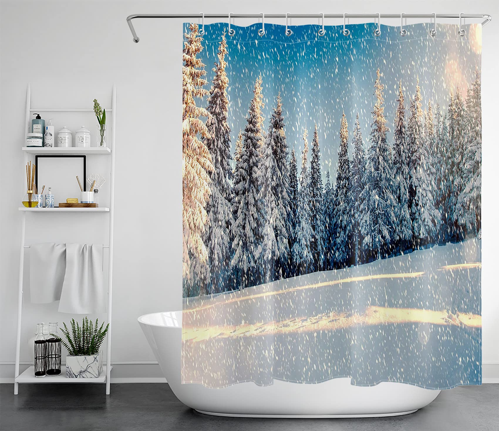HVEST Winter Snowy Pine Forest Shower Curtain - Waterproof Polyester Bathroom Decor with Hooks, 60x72 Inches - Perfect for Cozy Winter Bathrooms & Holiday Home Decor