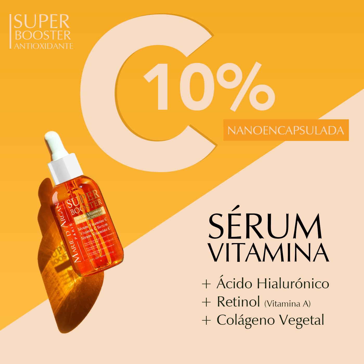 Marie d'Argan Vitamin C Super Booster Face Serum 30ml - Retinol, Hyaluronic Acid, Collagen for Brightening & Anti-Aging | 10% Pure Vitamin C | Dark Spot Corrector & Hydrating Serum for Glowing Skin | Day & Night Skincare Routine