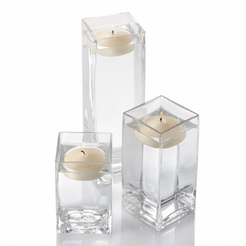 Set of 18 Eastland Square Glass Vases with 18 Ivory Richland Floating Candles (3 Inch) - Perfect for Wedding Centerpieces, Home Decor & Romantic Dinner Settings