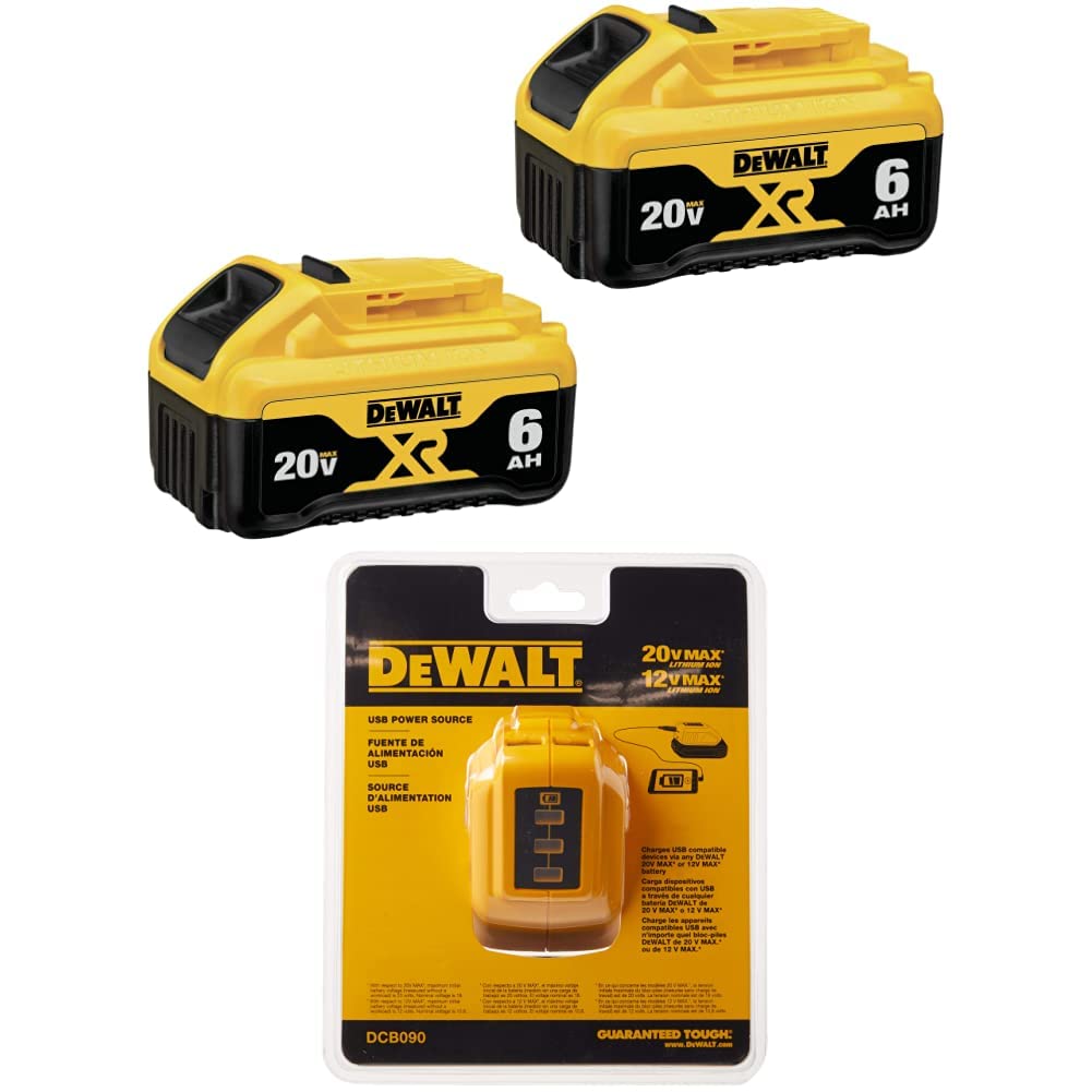 DEWALT 20V MAX Lithium-Ion Battery 6.0Ah Double Pack with 12V/20V MAX USB Fast Charger (DCB206-2 & DCB090) - Power Tools Battery Replacement for Drills, Saws, and Outdoor Equipment